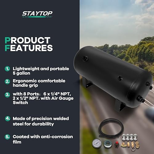 Miniatura 3 de Tanque de compresor de aire de 8 puertos de 5 galones (18 litros), repuesto de 151 PSI para suspensión de aire de coche, bocina de tren