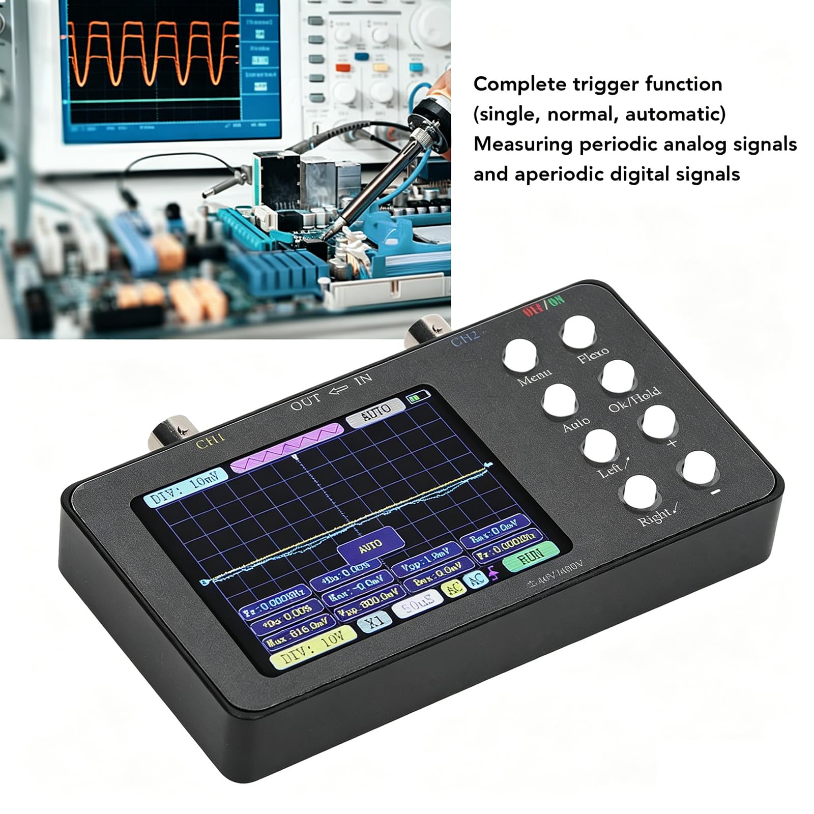 Fyearfly Osciloscopio de Doble Canal, Multímetro de Osciloscopio Digital Generador de Señal Portátil de 2 Canales Ancho de Banda de 2Mhz con Pantalla LCD Retroiluminada + Pinza de Cocodrilo