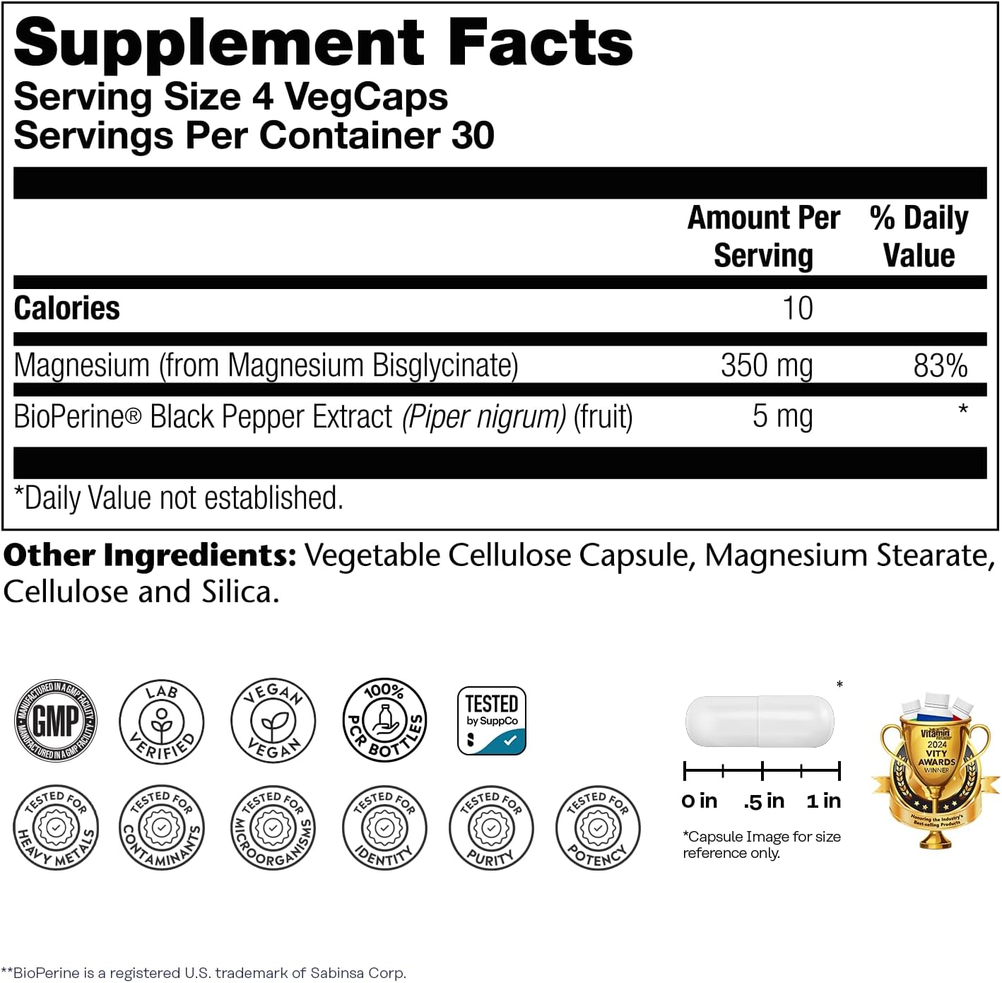 SOLARAY Magnesium Glycinate Capsules, Chelated Magnesium Bisglycinate w/BioPerine, Higher Absorption Magnesium Supplement - Bones, Muscles, Heart Support, Vegan (30 Servings, 120 VegCaps) 120 Count (Pack of 1)