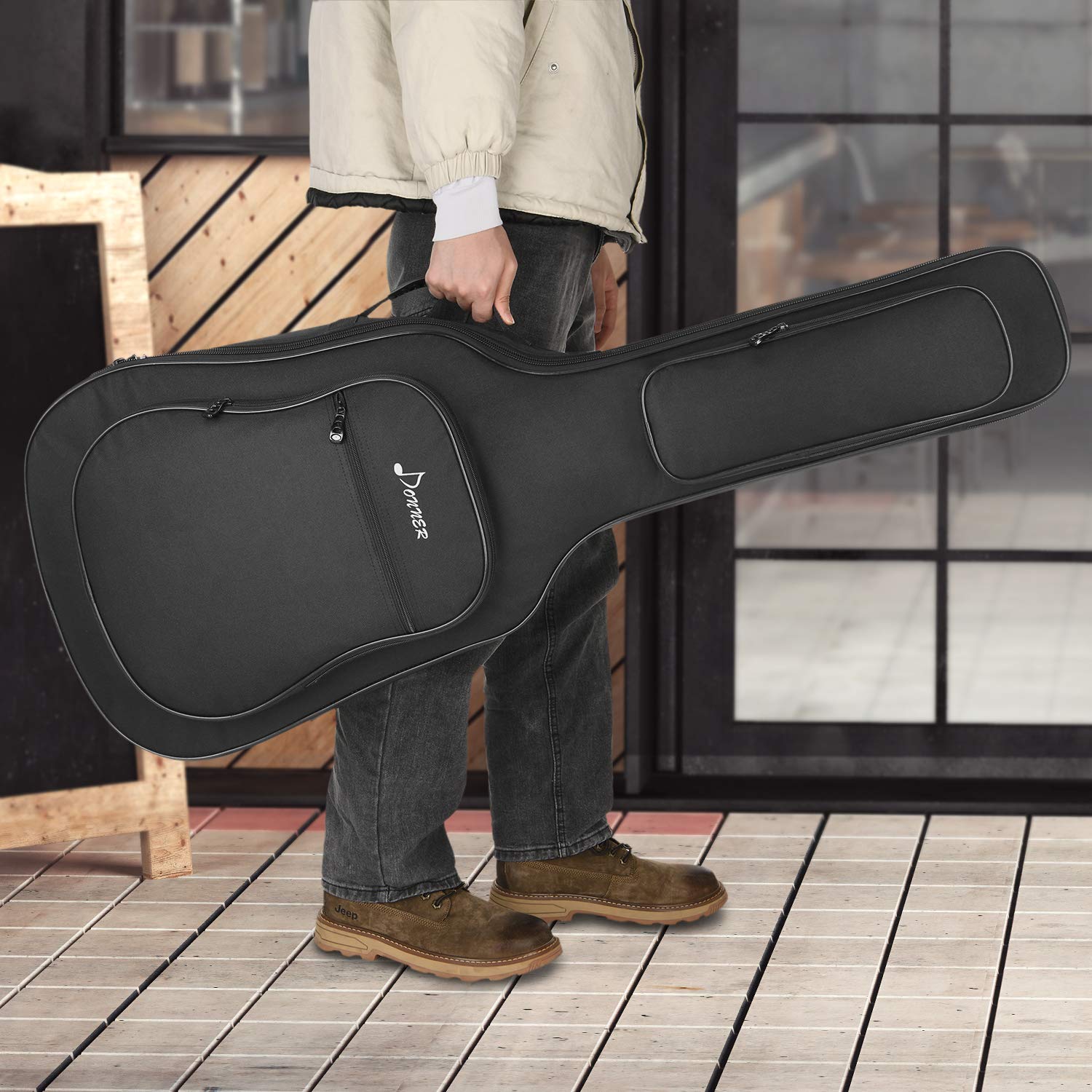 Donner - Funda de Guitarra acústica Suave con Esponja Acolchada de 12 mm, con Nailon Oxford 600D Resistente al Agua Interior no Tejido y Dos Bolsillos, Color Negro