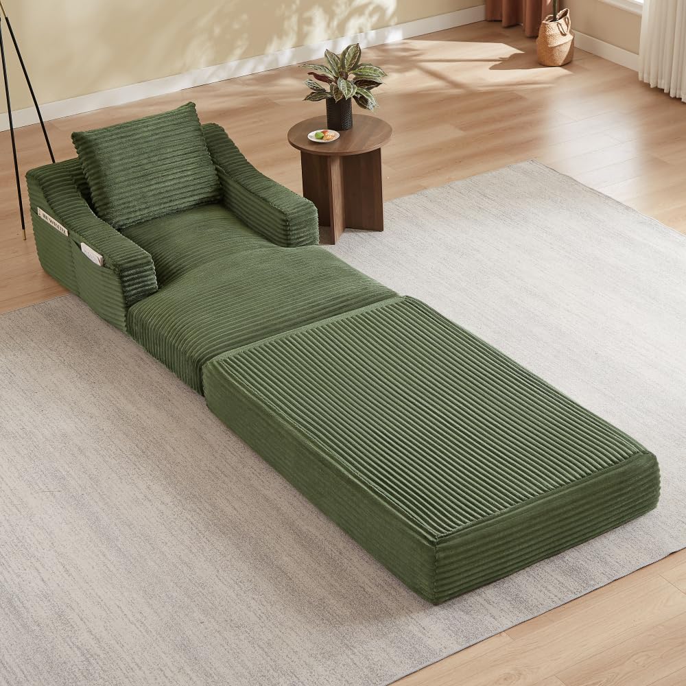 XINGNING Divano lounge in velluto a coste, sedia singola, design doppio, espandibile per letto, per soggiorno, camera da letto (verde + schiuma + 1 posto)