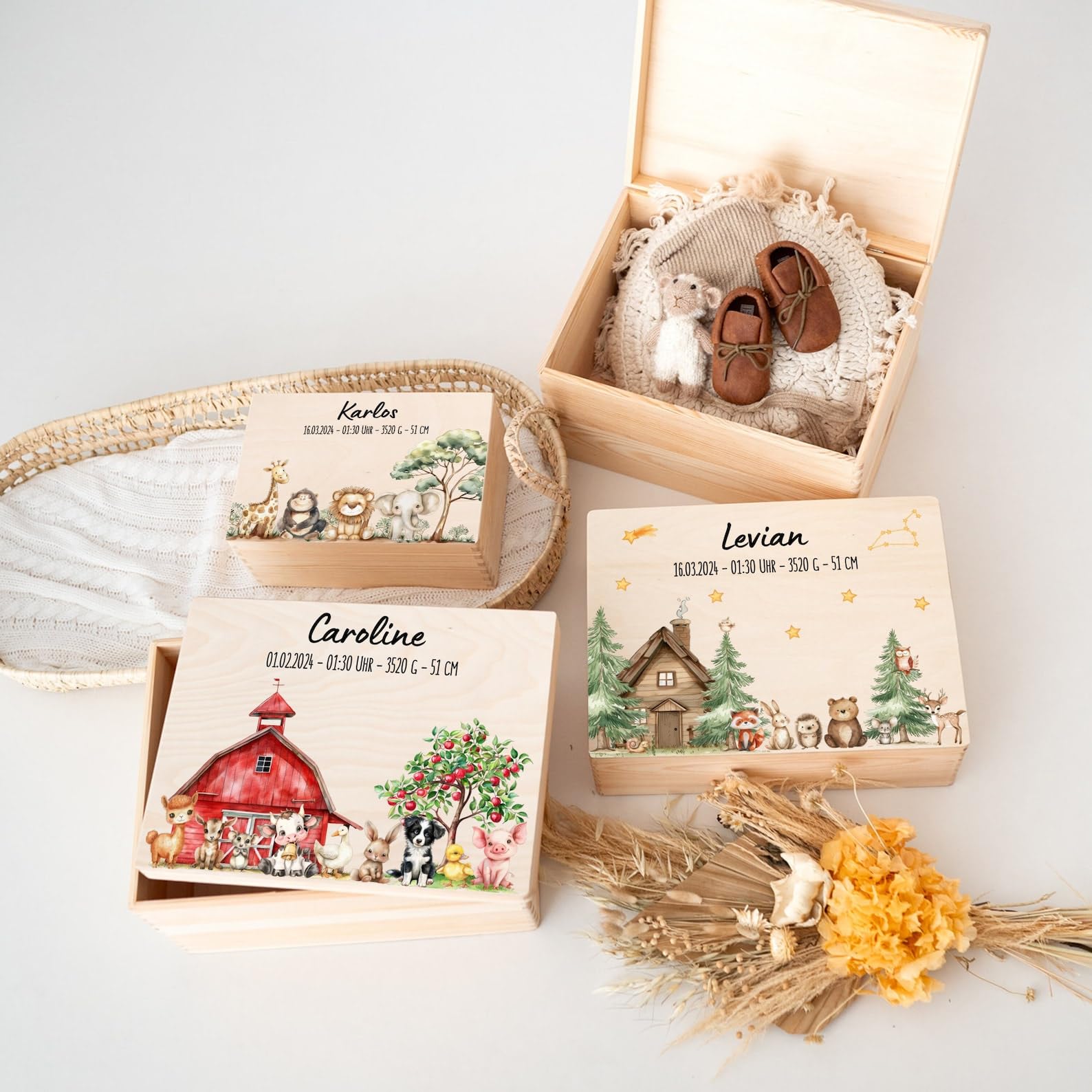 Bärenfreunde - Personalisierte Erinnerungsbox Baby mit Spezial-Druck - Individuelle Baby Erinnerungsbox - Erinnerungskiste aus Holz - Geschenk zur Geburt (S | Klappdeckel,Safari Tiere)