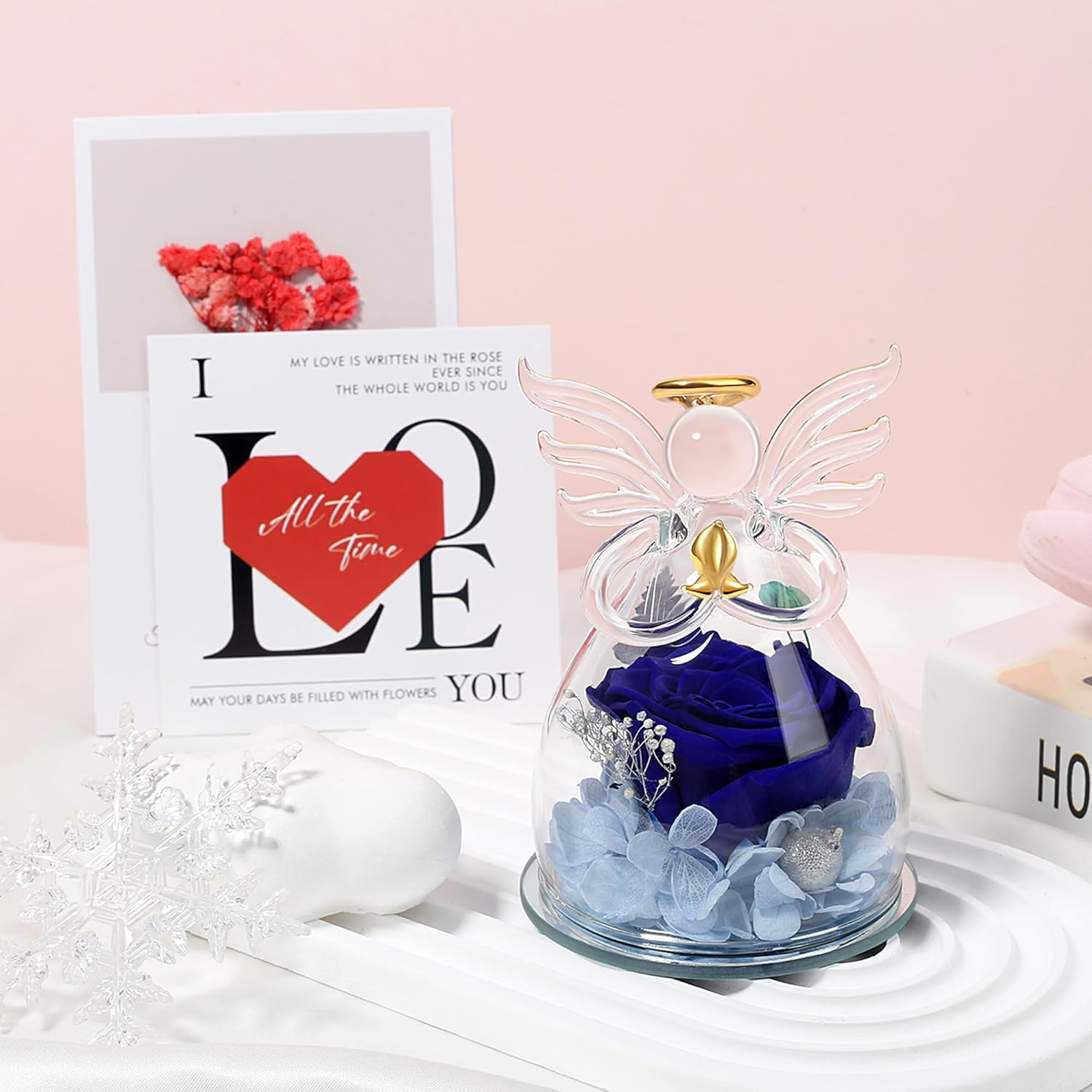 Blue Valentines Day Rose Gifts for Her, Preserved Rose in Glass Dome Angel Figurine Birthday Gift for Women, Valentines Angel Mothers Day Rose Gift for Mom Grandma - Image 6