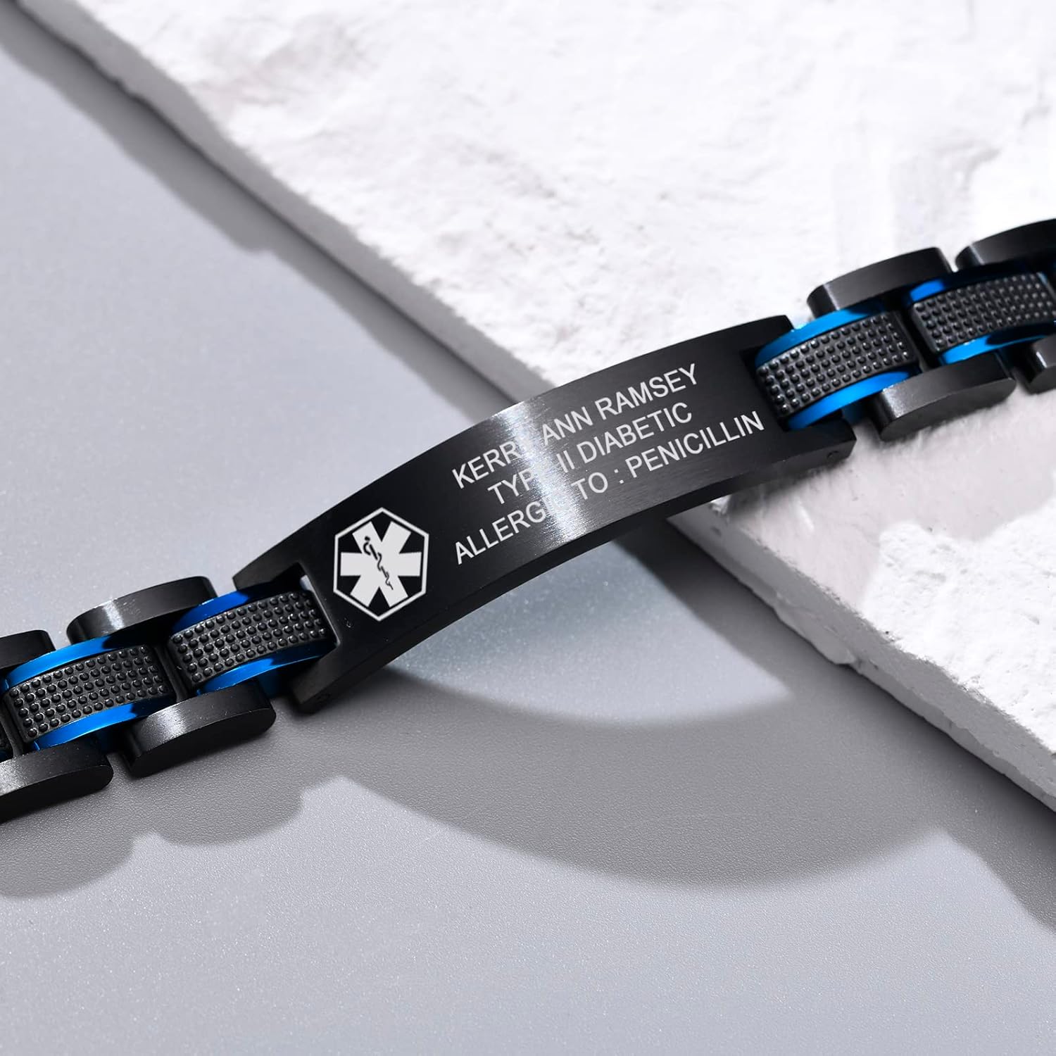 MEALGUET Personalized Free Engraving Men's 2-Tone Black Blue Masculine Stainless Steel Medical Alert ID Bracelet for Men
