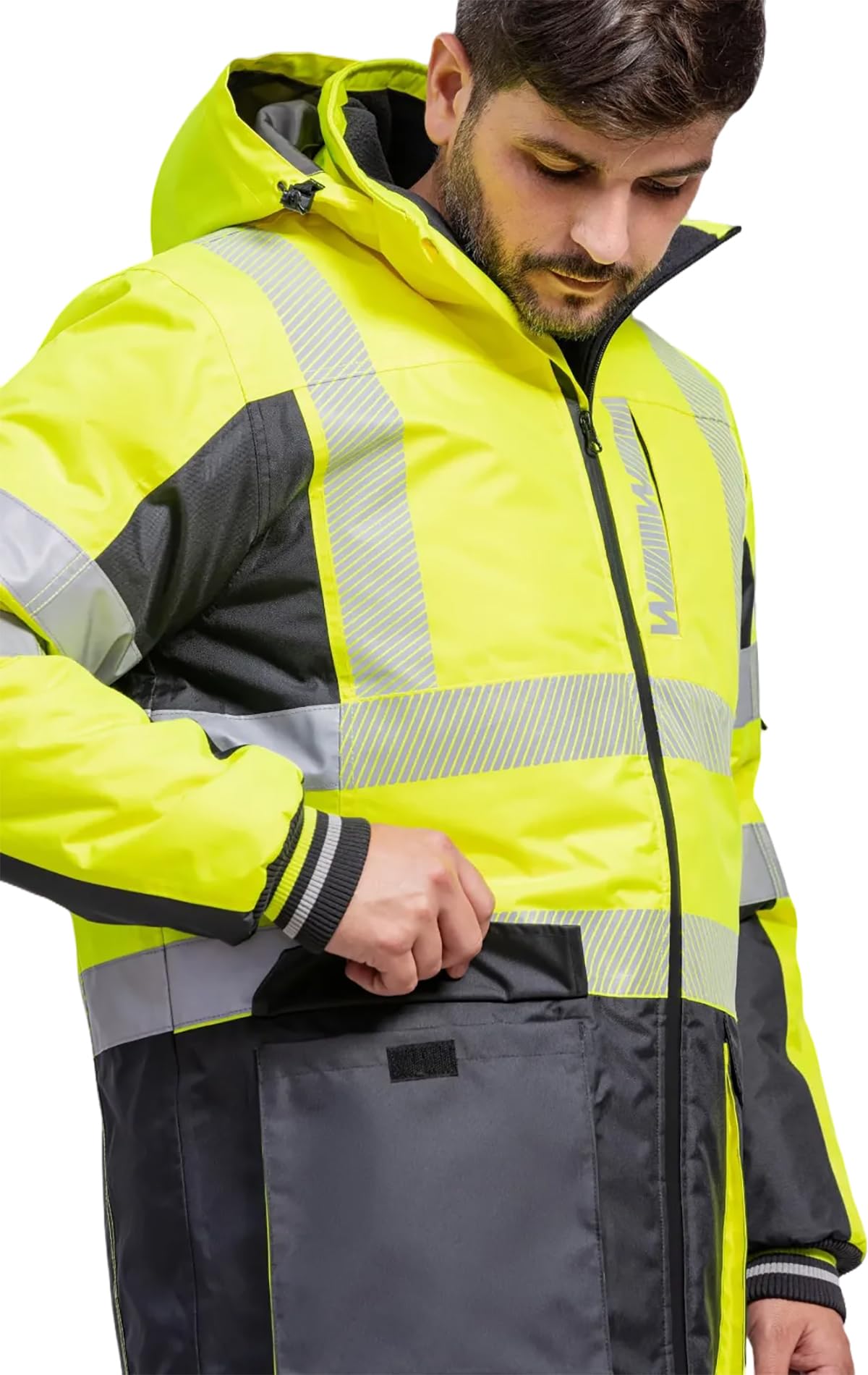 WORKTEAM Parka Alta Visibilidad Impermeable con Acolchado Térmico, Reflectantes Segmentadas, Capucha Desmontable y Forro Polar, Ropa Laboral Seguridad Clase 2