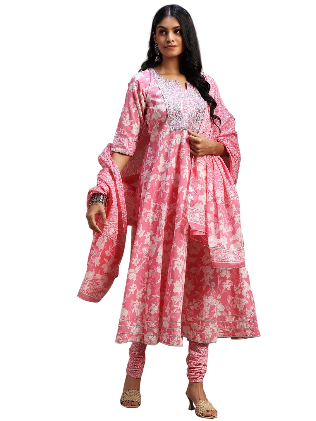 gerua by libas Women Floral Printed Cotton Anarkali Kurta Set With Dupatta-picture-34