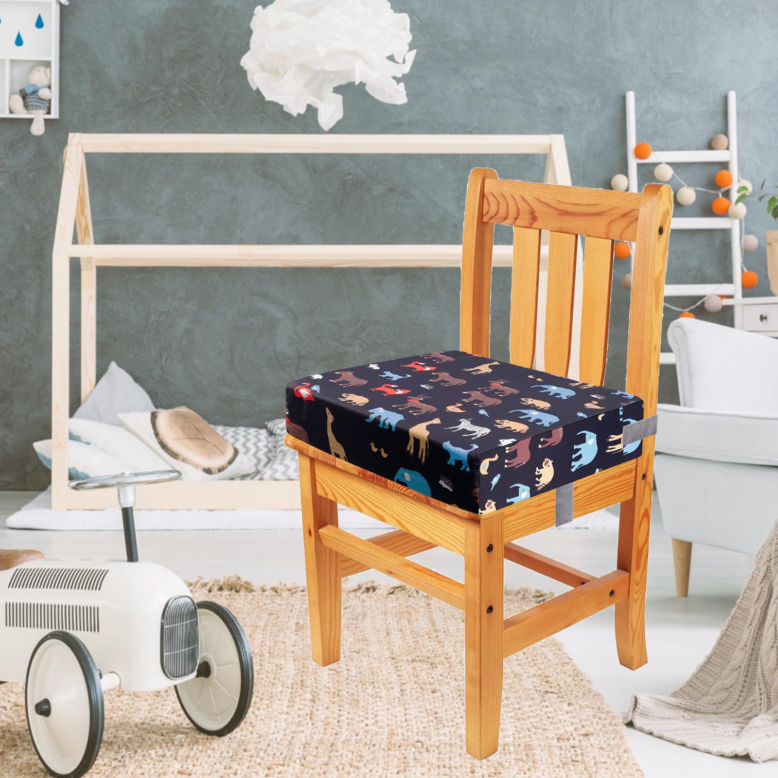 Rialzo da Sedia per Bambini 32x32x8cm Cuscino da Tavolo Cartoon con Cinghie di Sicurezza Nero
