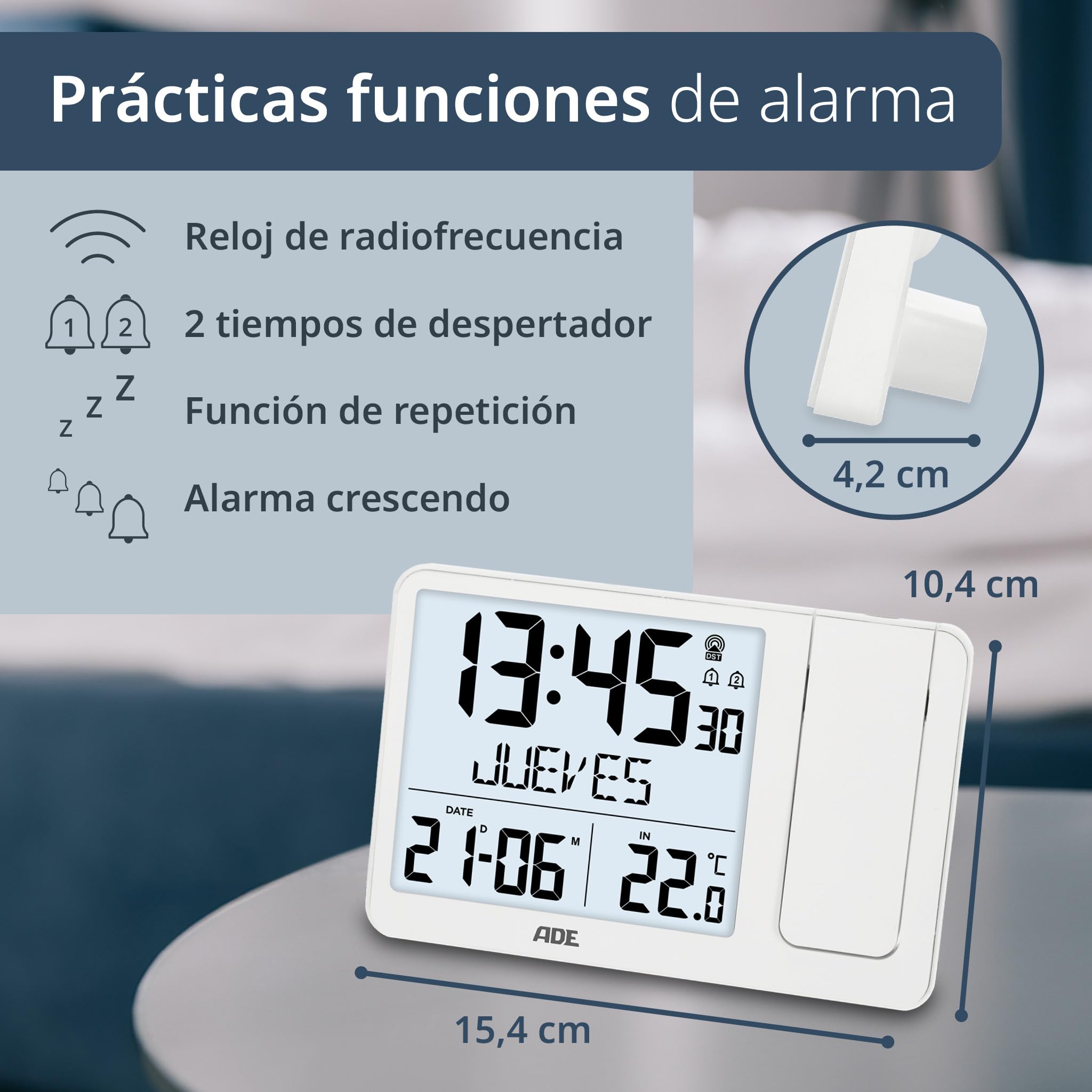 ADE Despertador Digital radiocontrolado con proyección y Sensor Exterior | 2 Horas de Despertador | Reloj con indicación de Temperatura, Fecha y día de la Semana | Incl. Cable de Red | Blanco