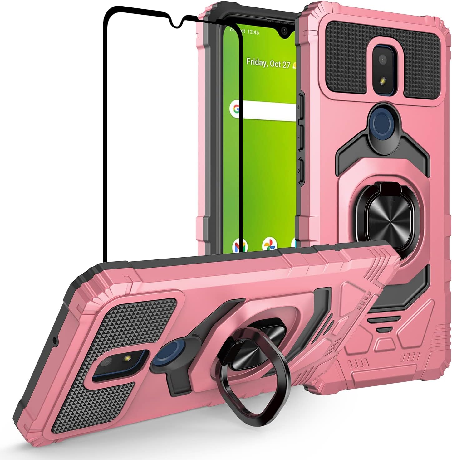 GORGCASEfor Cricket Icon 3 Case(3rd Version)/At&t Motivate 2 Case(2nd)/Cricket Splendor Case w/Tempered Glass Screen Protector(Full Coverage) Shockproof Metal Ring Stand Protective Cover Rose Gold