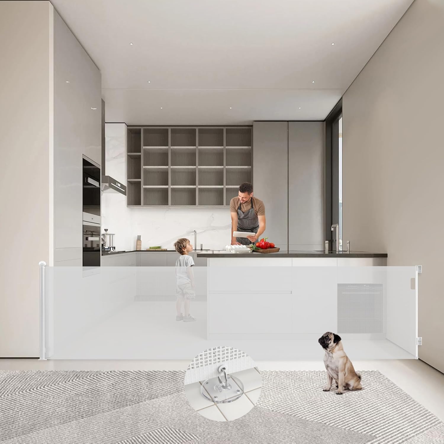 0-300cm Extra Large Barrière de Sécurité Rétractable Opération à Une Main | 87cm Haut Bébés Barriere de Securite Enfant Extensible pour Animaux, Barrière Chiens pour Escaliers, Portes, Couloirs, Blanc