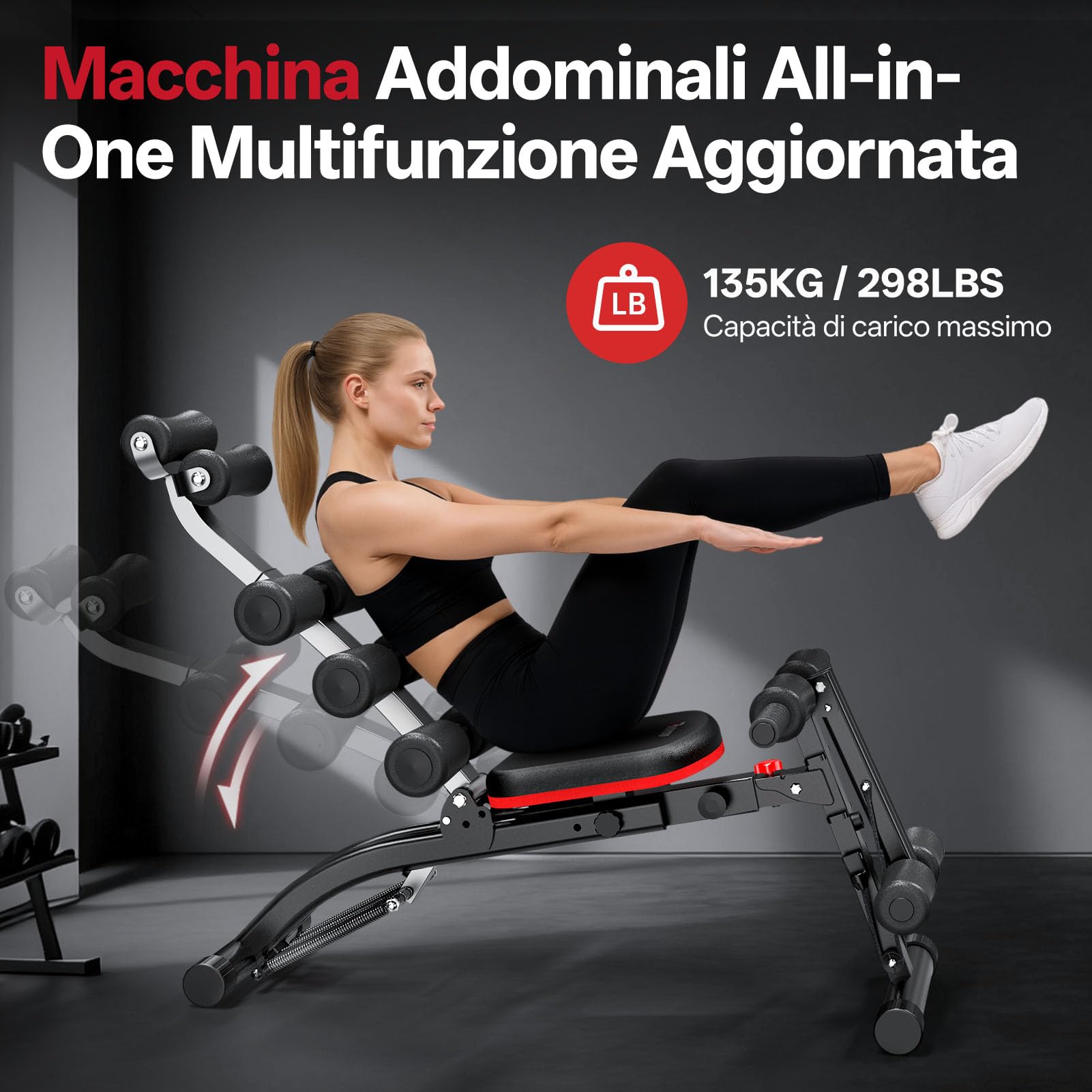 PASYOU Macchina Addominali con Fascette Resistive, Allenatore Addominale Pieghevole Regolabile, Panca Allenamento 135 KG per Palestra Domestica, Sedia Esercizi Corpo Completo