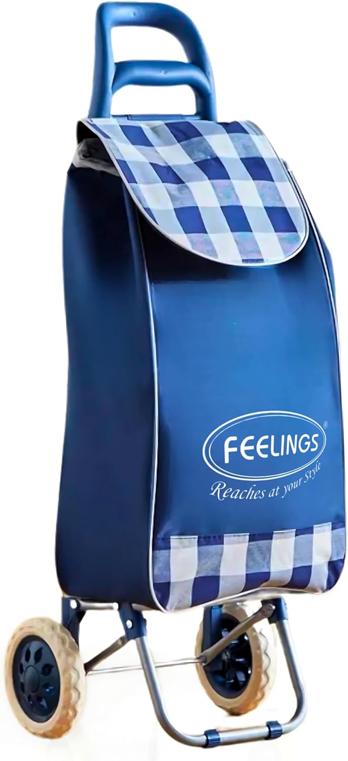 FEELINGS Folding Essential Shopping Trolley in Blue Checks | Fabric Luggage Bag | Shopping Cart | Portable Trolley Foldable With Wheels for Grocery, Fruits, Vegetables