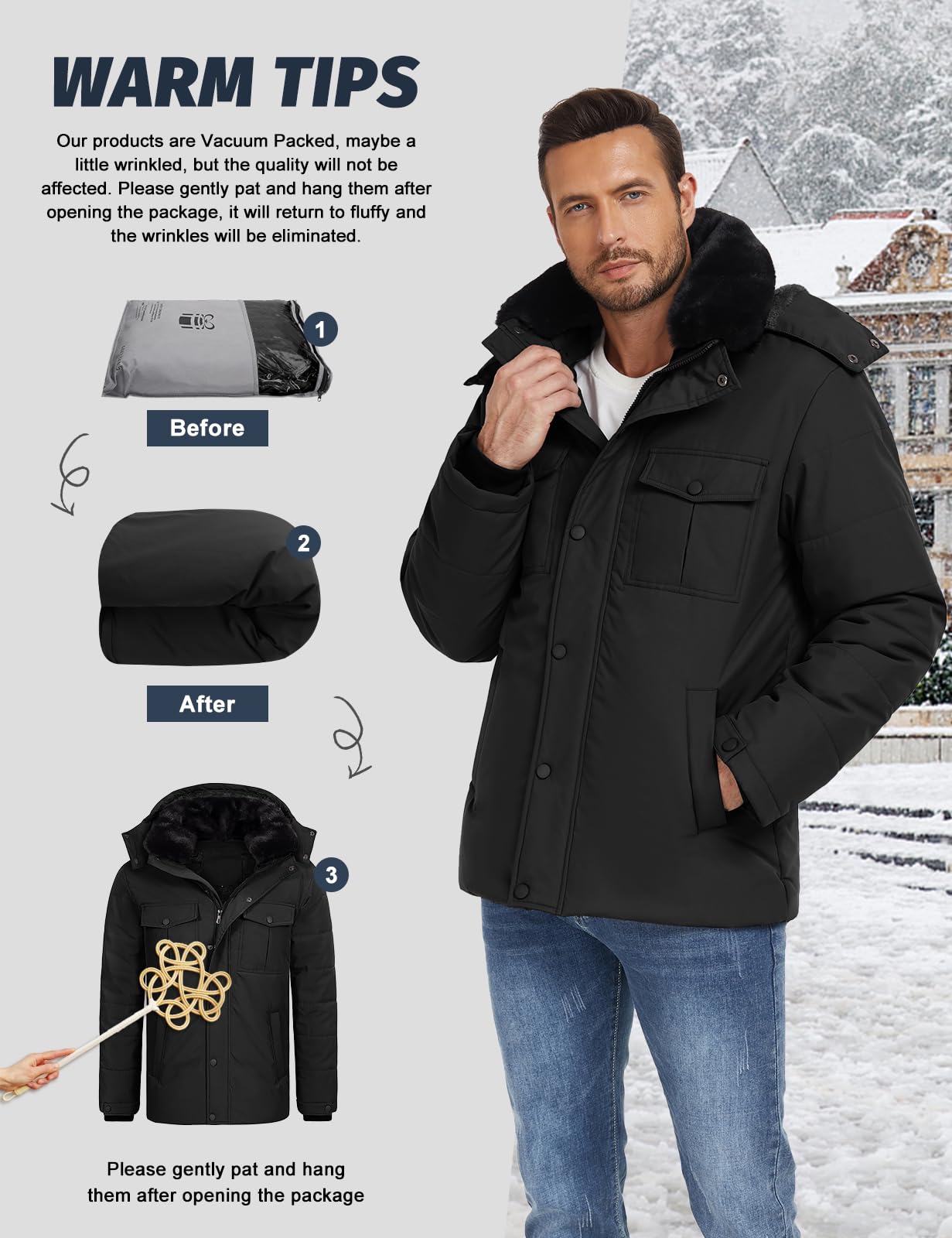Tuopuda Abrigo Parka Térmico Hombre con Capucha Desmontable Chaqueta de Invierno para Hombre Parka Cortaviento con Cremallera