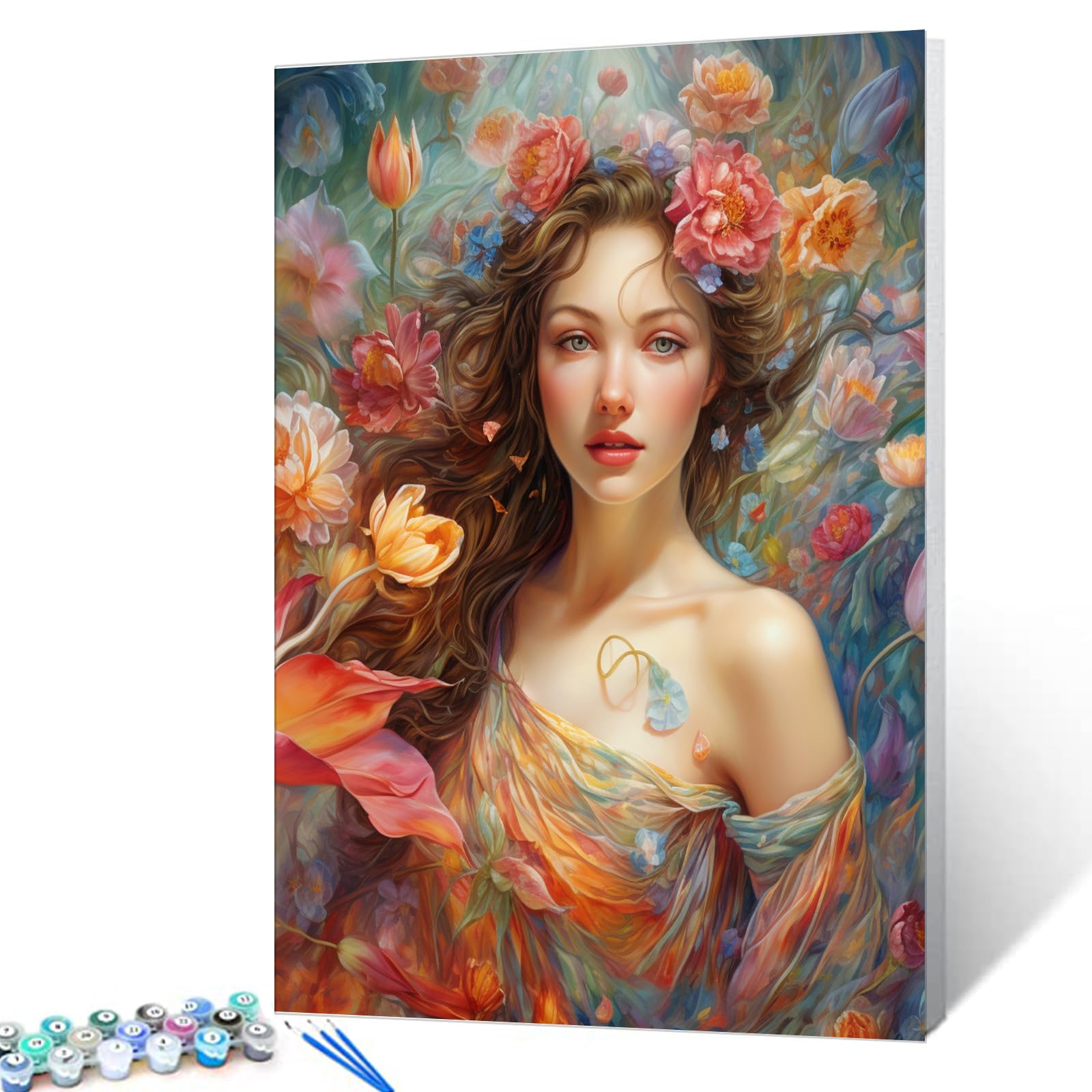 Colorful Tulip Flowers Paint by Number for Adults Beginner, DIY Digital Oil Painting Kits Canvas with Brushes and Acrylic Afro Girl ,Wildflowers Pictures Home Decor Boho Gifts 16x20inch (Frameless)
