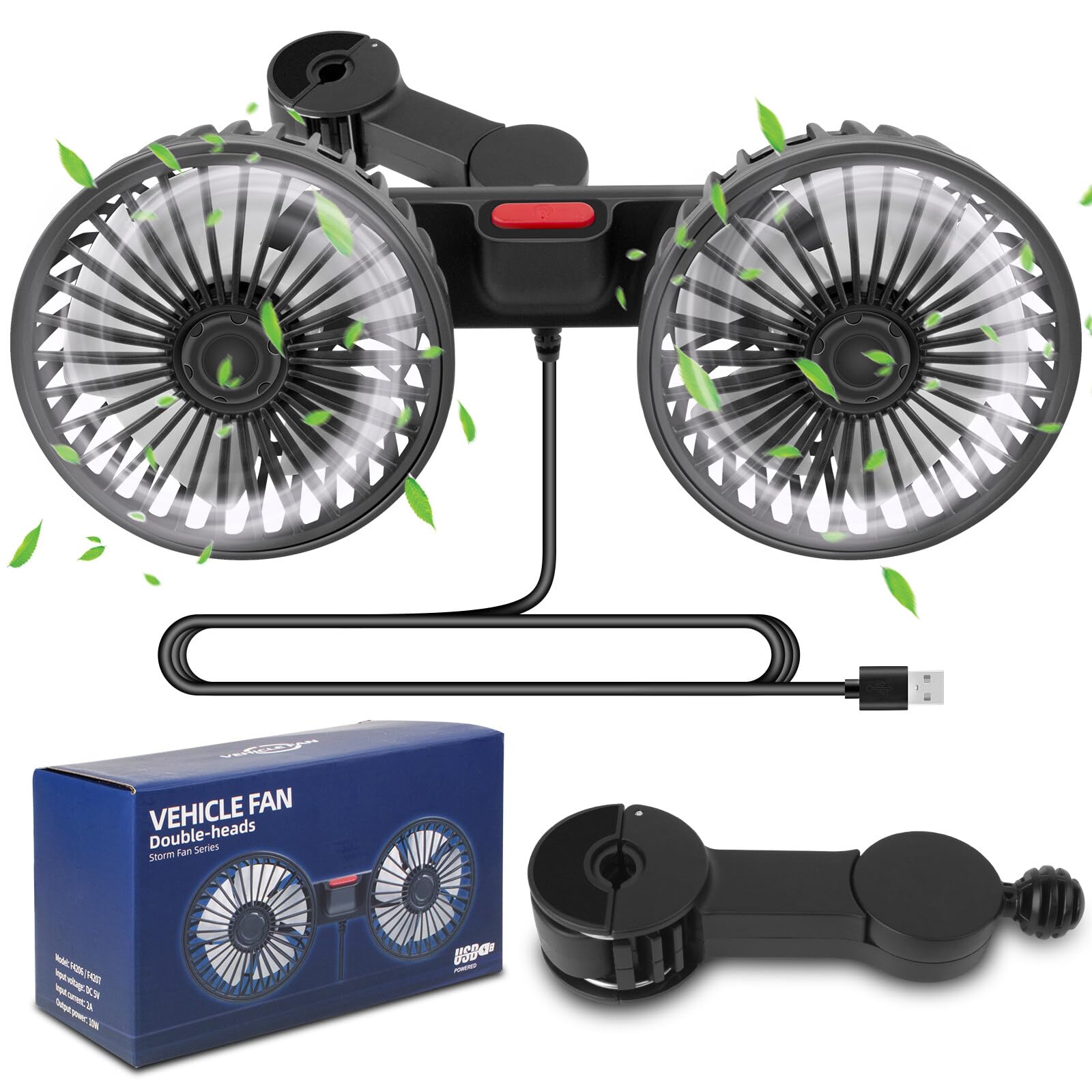 Ventilateur de voiture, 5 V 2 A, double tête, 3 vitesses, réglable, pour siège arrière, rotation à 360 °, USB