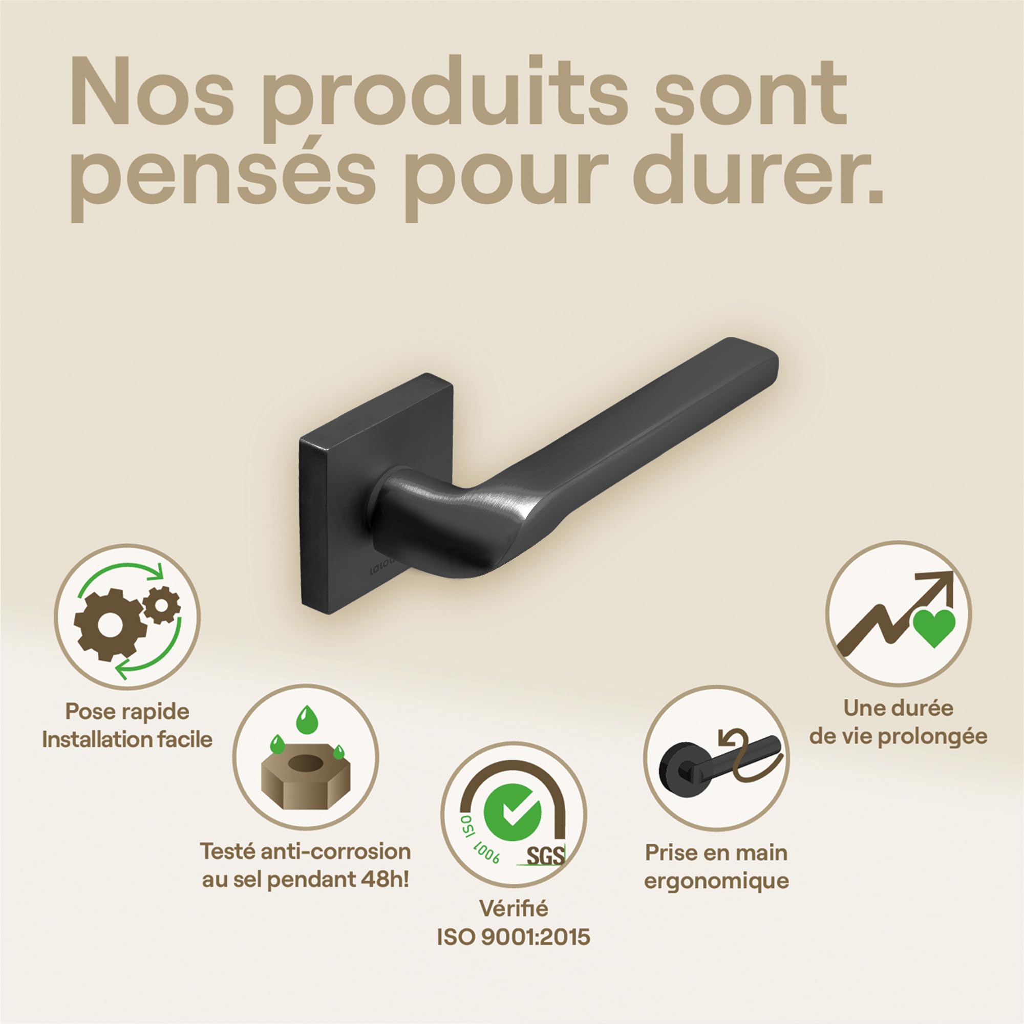 Poignée de Porte Atlas - Aluminium Finition Noire - Haute Qualité - Portes Intérieures - Marque Française - Platine de Finition Carrée + Rosace à Clé - Carré 7/8 mm