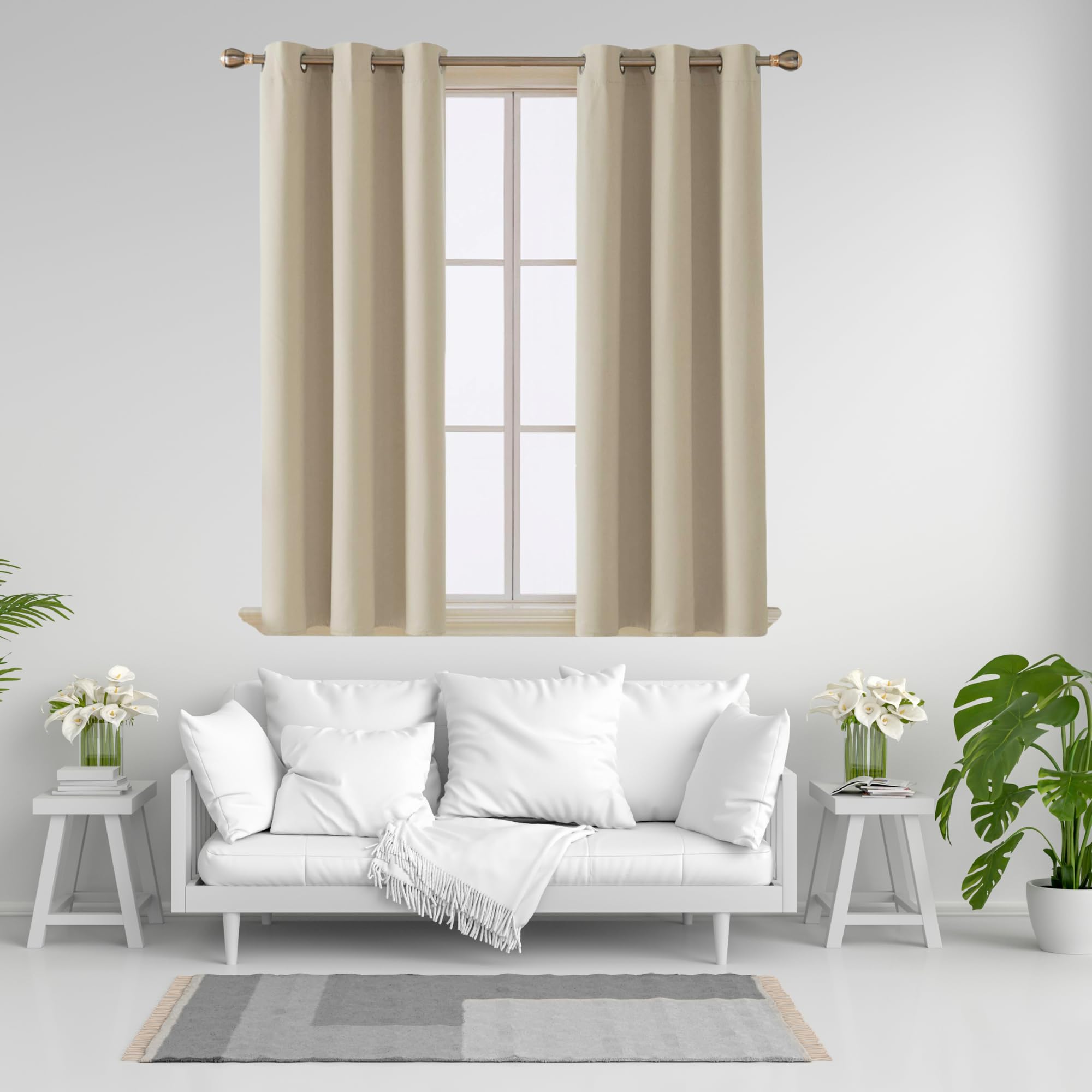 J.Din Blackout Curtains for Bedroom, Super Soft Thermal Insulated Curtains & Drapes, Ring Top Eyelet Curtain, 2 Panels with Tie backs (Beige, 90" Wide x 54" Drop)