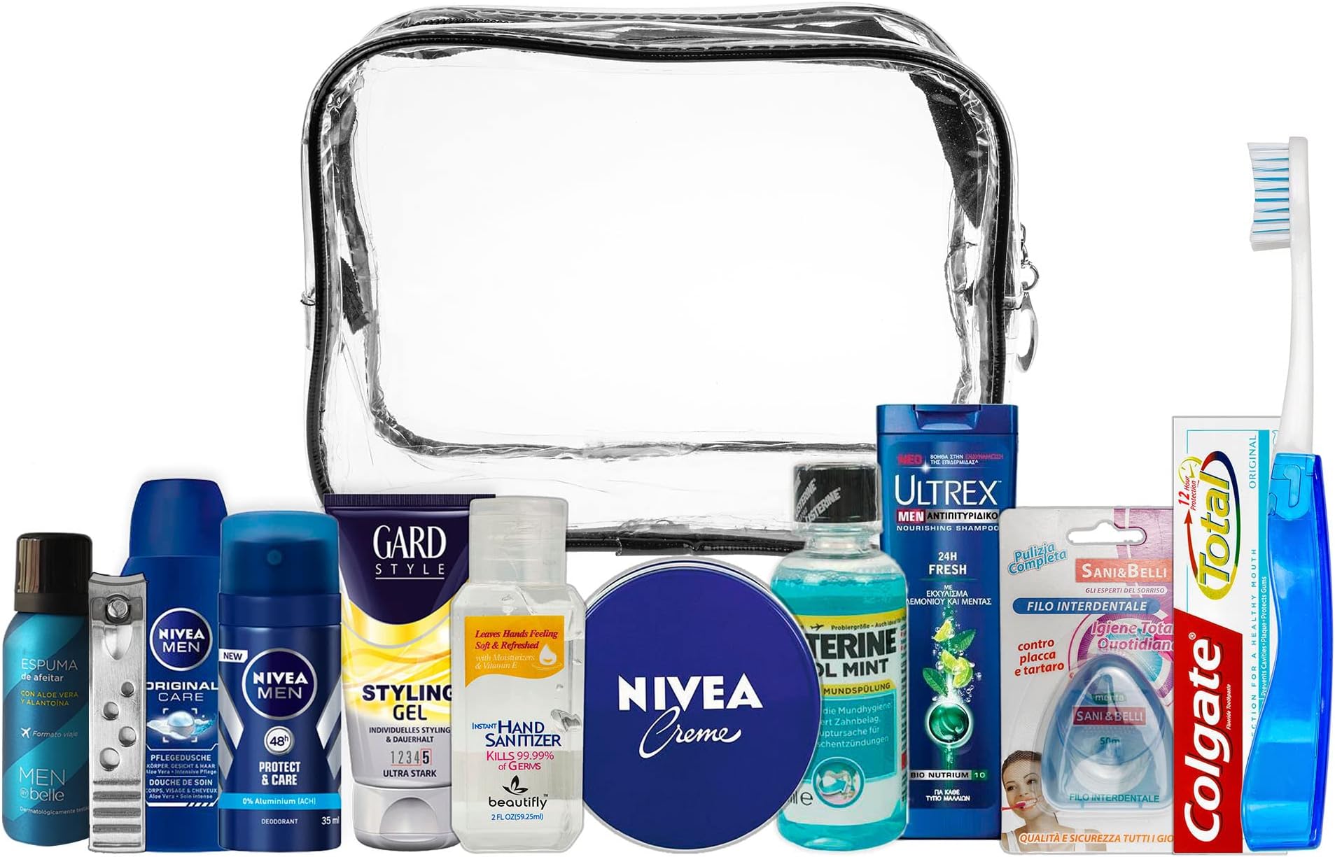 Air plane cabin compatible 13-piece travel set for men bundle, Foldable travel toothbrush,Men showergel,Nivea Deo,shaving gel, Listerine, Nivea Crème, Dental floss, Ultrex shampoo, all under 100ml