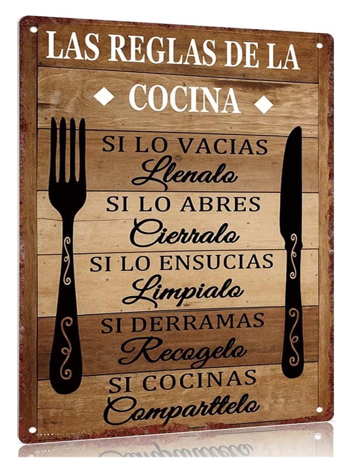 IDGTTLDF Retro Funny Kitchen Tin Sign Spanish Rules For College Dorm Apartment Shared Kitchen 8 X 12 inch