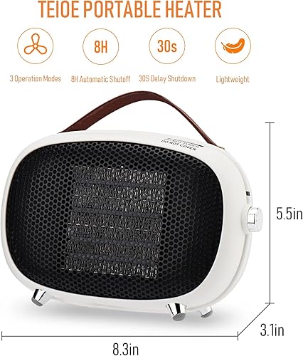 Miniatura 2 de Calentador de espacio eléctrico pequeño de 800 W400 W, calentador de cerámica PTC pequeño con protección contra sobrecalentamiento y vuelco, 3 modos