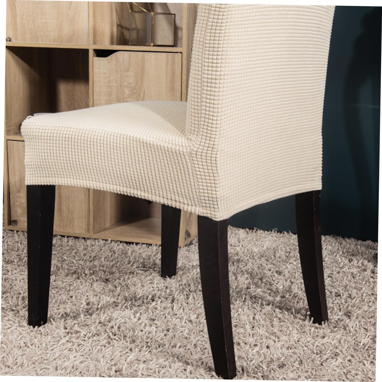 Cabilock 6pcs Beige Stretchy Dining Chair Covers Elastic Polyester Full Seat Protective Slipcovers for Home Office Banquet Chairs Removable Washable Case