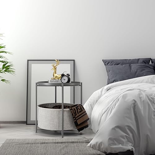 Miniatura 52 de danpinera Mesa auxiliar redonda con cesta de almacenamiento de tela, mesita de noche pequeña de metal con bandeja extraíble para sala de estar,