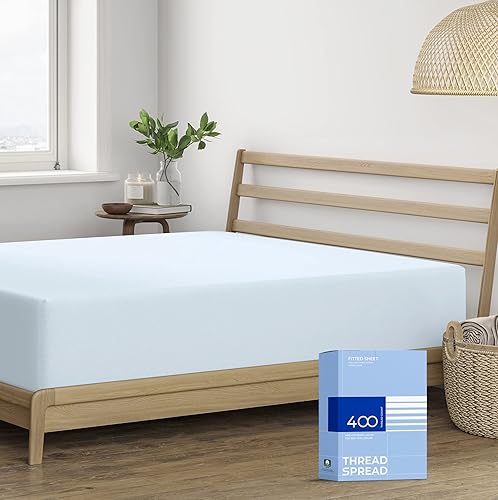 Vista 17 de THREAD SPREAD Sábana bajera ajustable de 100 % algodón tamaño individual, 400 hilos, bolsillo profundo de 16 pulgadas, sábana bajera elástica