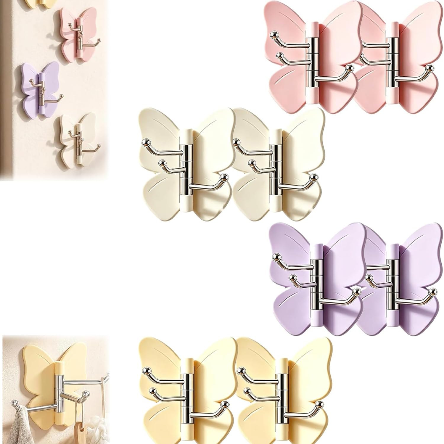 4 Pack Rotating Butterfly Adhesive Wall Hooks, No-Damage No-Drill (8pcs)