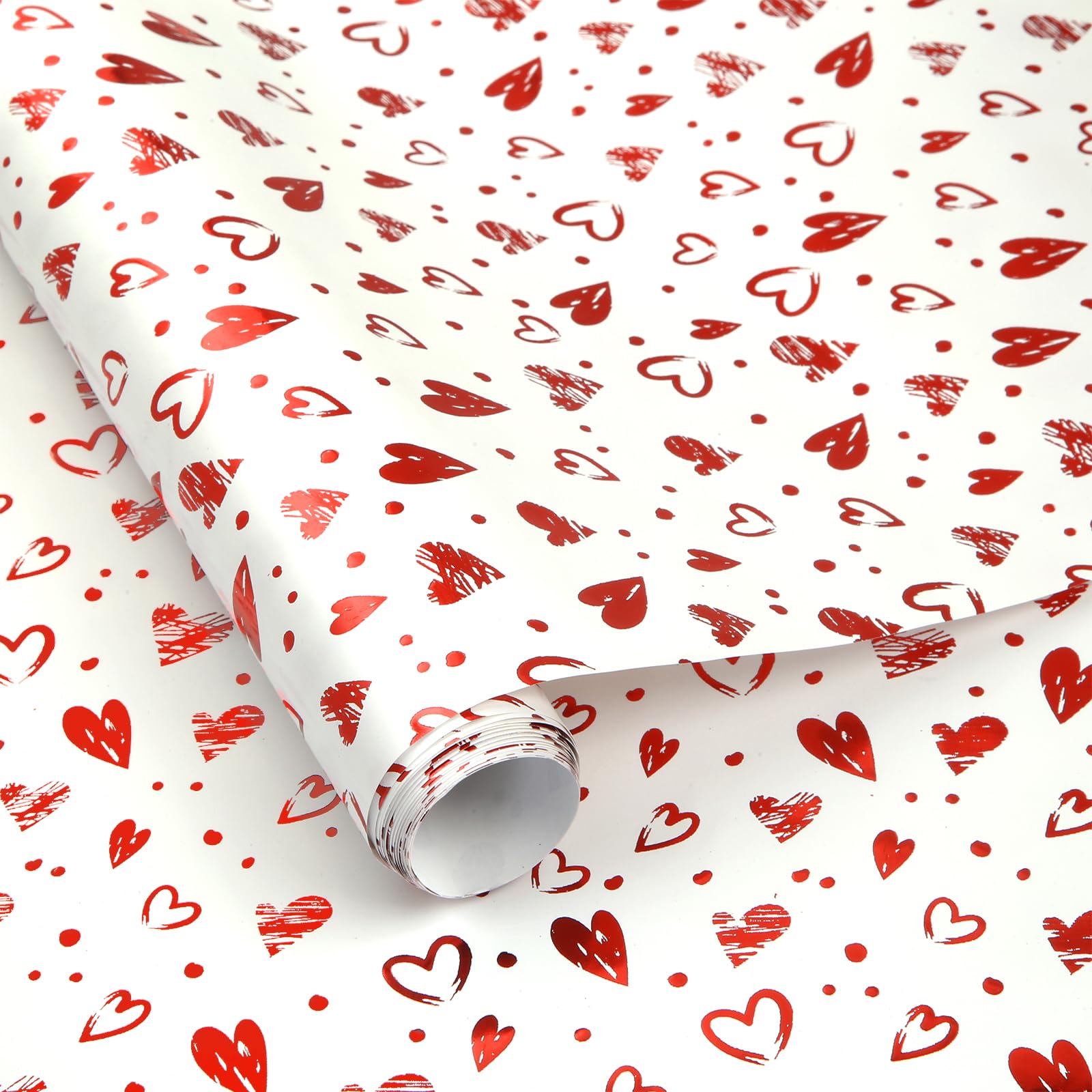 Valentine's Day Wrapping Paper Roll, 1 Roll 43x300cm Foil Red Hearts Pattern Wrapping Paper, Red in White Background for Birthday, Valentine's Day, Christmas Presents