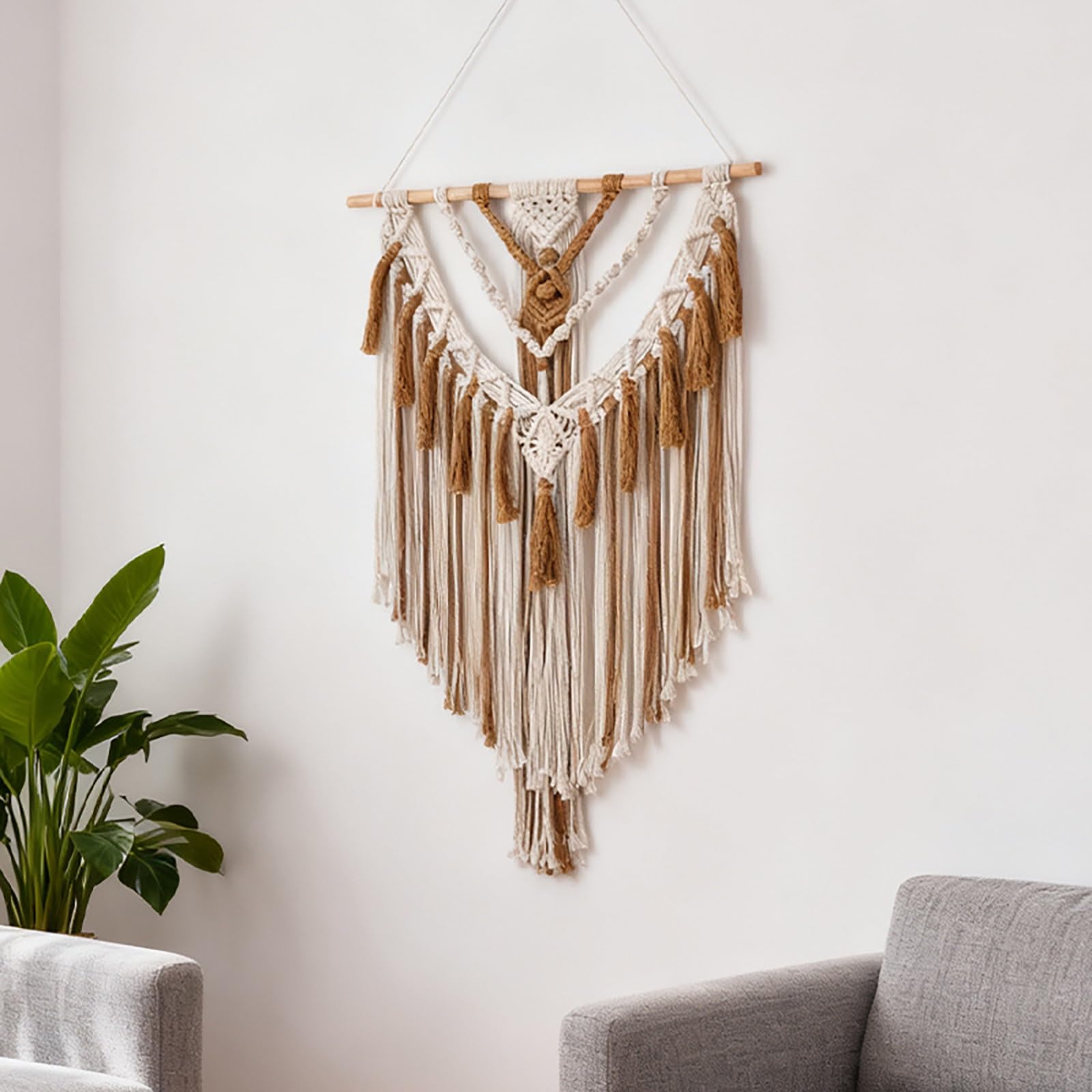 TaLcuS Dekoracja ścienna w stylu boho, makrama, liście i pióra, ręcznie tkany gobelin, nowoczesna dekoracja domu boho szykowna ozdoba do sypialni, salonu, mieszkania (A2)
