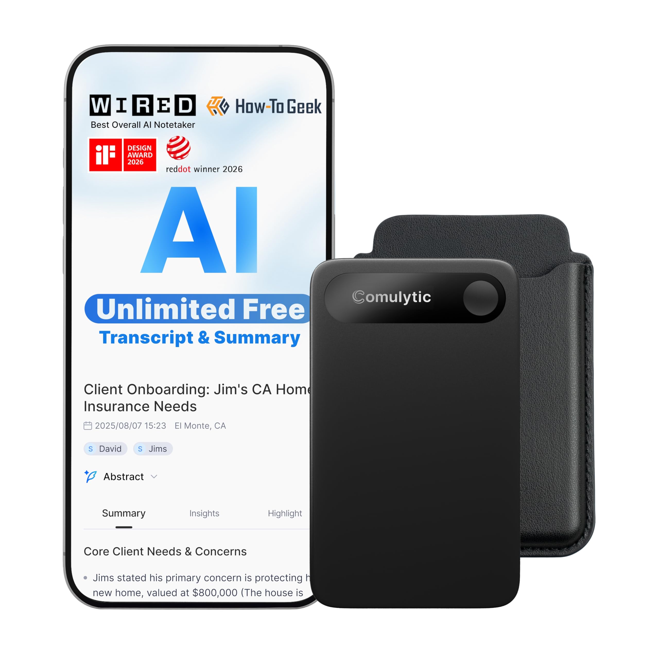 Photo 1 of Comulytic Note Pro AI Voice Recorder, Unlimited Transcribe & Summarize, AI Note Taking Recording Device w/Case, App Control, 113 Languages for Calls, Meetings, Lectures, Interviews, Black