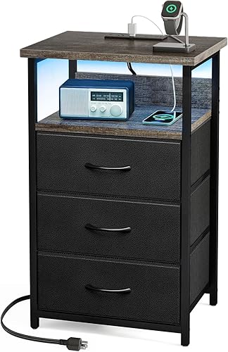 Miniatura 40 de Fixwal Mesita de noche con 3 cajones de tela, mesita de noche para dormitorio, mesita de noche con estación de carga, mesa auxiliar con Marrón