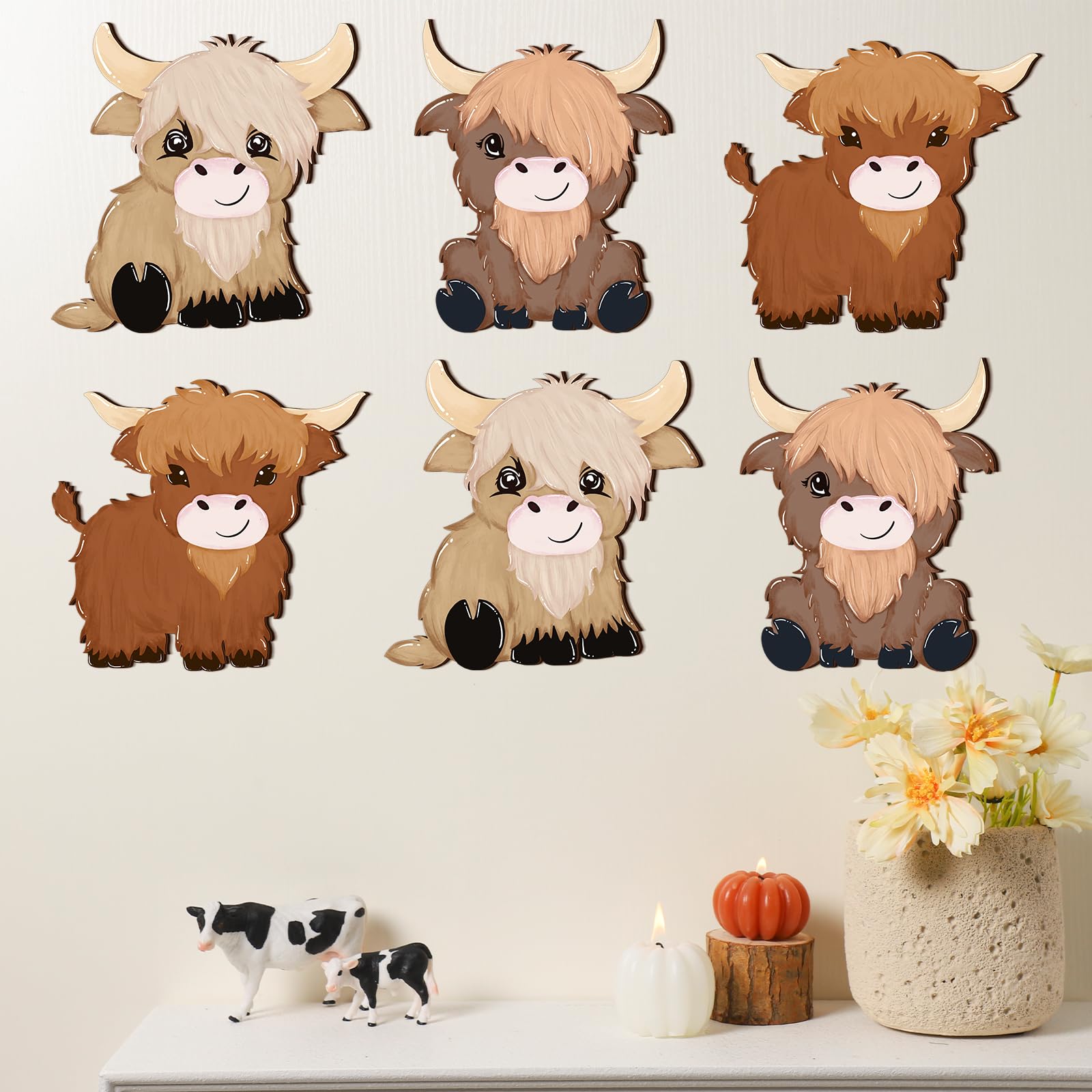 Therwen 6 Pcs Highland Cow Wall Decor Wildlife Wall Art Room Hanging Wooden Hunting Decor Deer Bear Moose Elk Eagle Wolf Western Cabin Rustic Home Decoration for Bedroom Indoor Outdoor(Highland Cow)