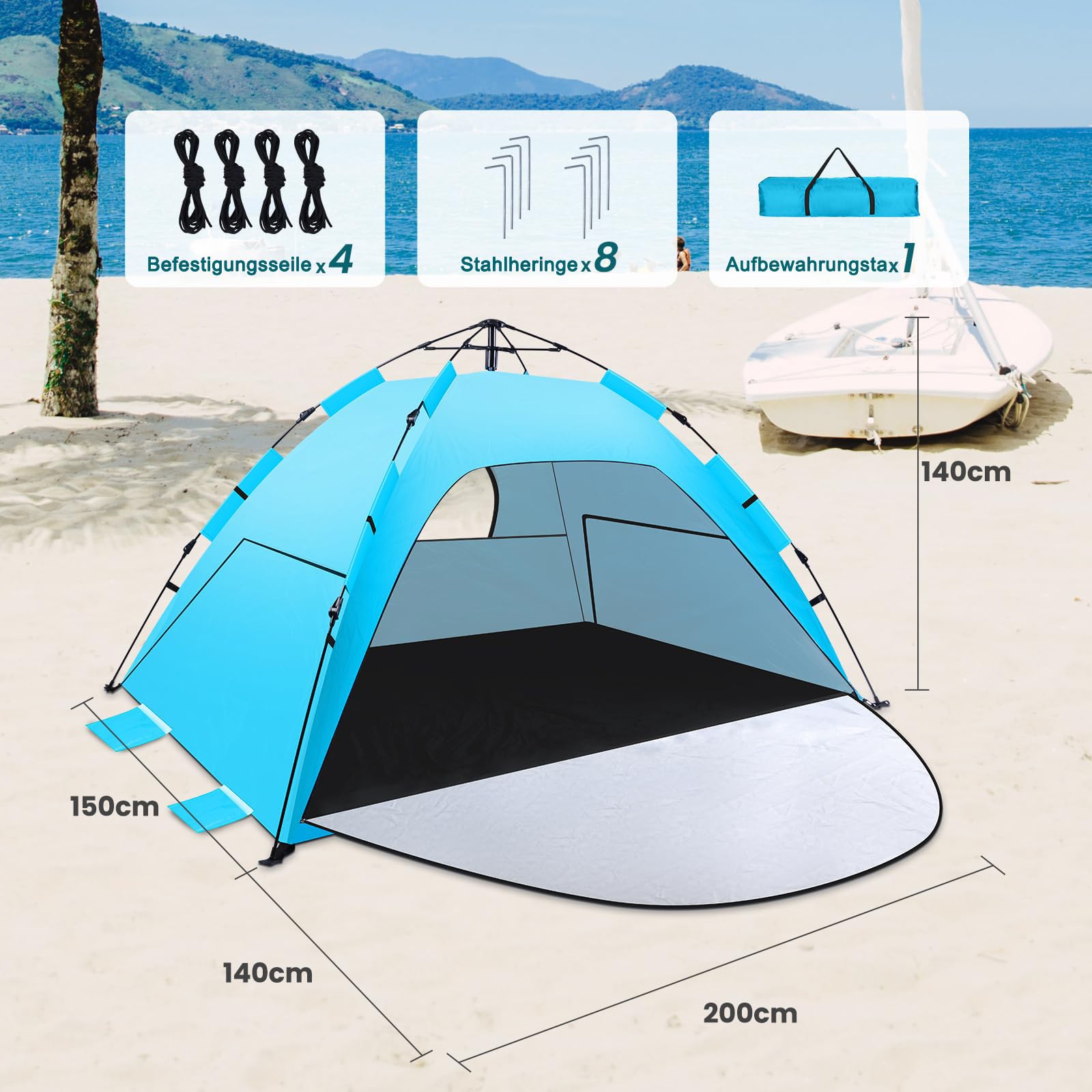 Strandmuschel, Automatisches Instant Pop Up Strandzelt, Leicht, UV-Schutz UPF 50+ Windschutz Strandzelt für Strand, Familie, Garten, Camping, Picknicks