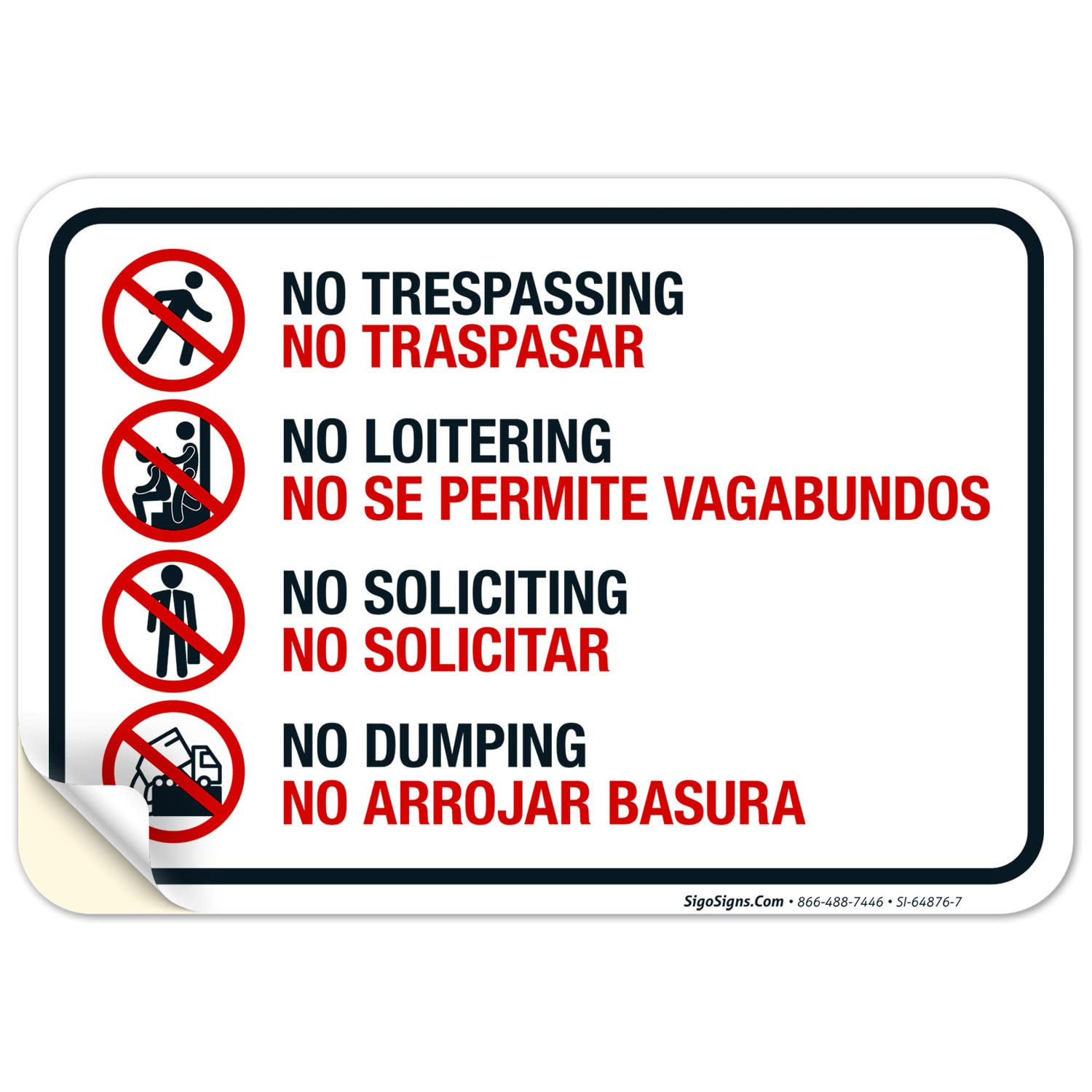No Trespassing No Loitering No Soliciting No Dumping Bilingual Sign, 10x7 Inches, 4 Mil Vinyl Decal Stickers Weather Resistant, Made in USA