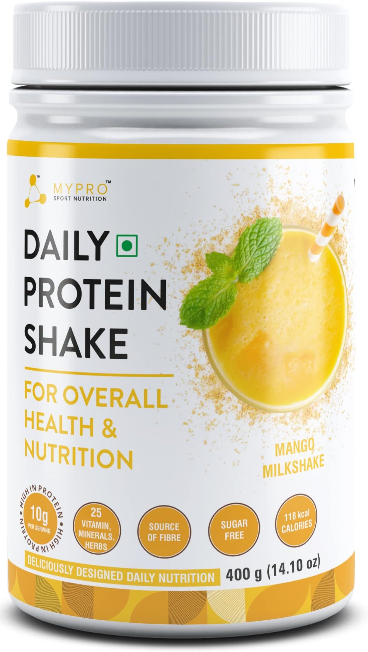 Daily Protein Shake 118 kcal Calories,25 Vitamin,Minerals & 7 Herbs,Provide Energy,Support Immunity & bone Health-For Men & Women Mango Milk Shake Flavor -400Gm-40 Servings