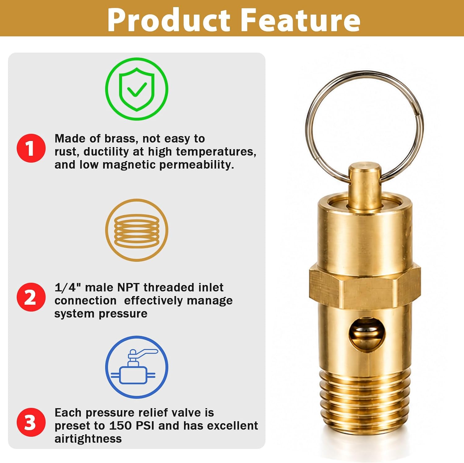 1/4 Inch NPT 200 PSI Air Compressor Pressure Relief Valve Brass Safety Check Valves Threaded Airs Vent Safety Control Valve for Air Compressor Part Boiler Pressure and Water Discharge