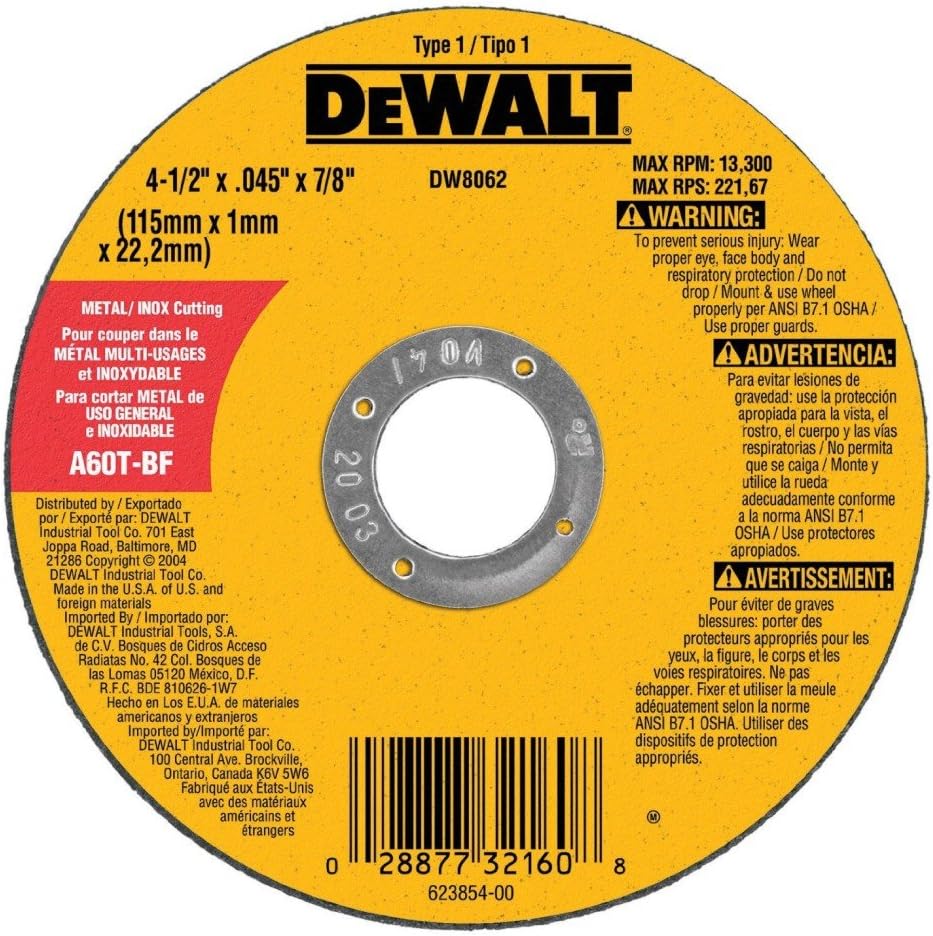 Dewalt DW8062 Type 1 High Performance Reinforced Cut-Off Wheel, 4-1/2 In Dia X 0.045 In 7/8in Arbor (25) Pack) : Industrial & Scientific