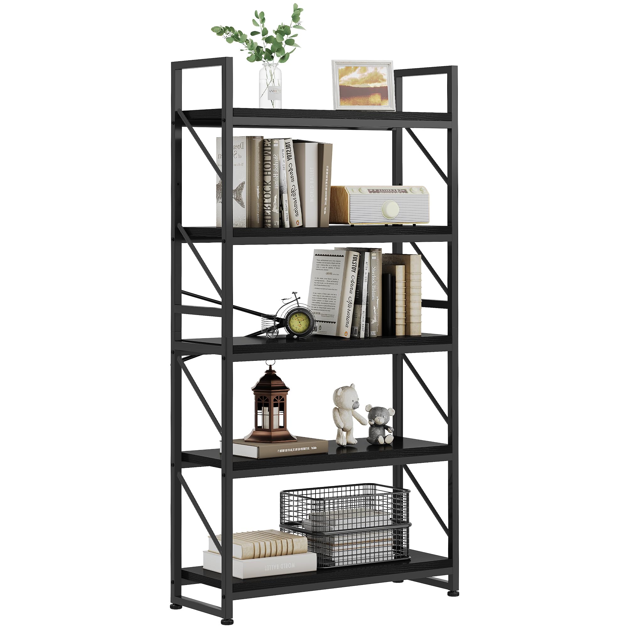 YITAHOME Libreria a 5 Ripiani, Scaffale per Libri Industriale Scaffale per Libri Autoportante Scaffale in Legno e Scaffale con Struttura in Metallo Espositore per Soggiorno, Ufficio in Casa, Nero