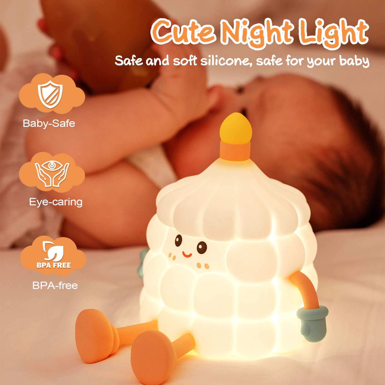 Auezona Luce Notturna Bambini, Silicone Lampada Notturna per Bambini Torta di Compleanno, Luce Notturna Neonato Dimmerabile Ricaricabile con Timer, Regalo Neonato Bambina