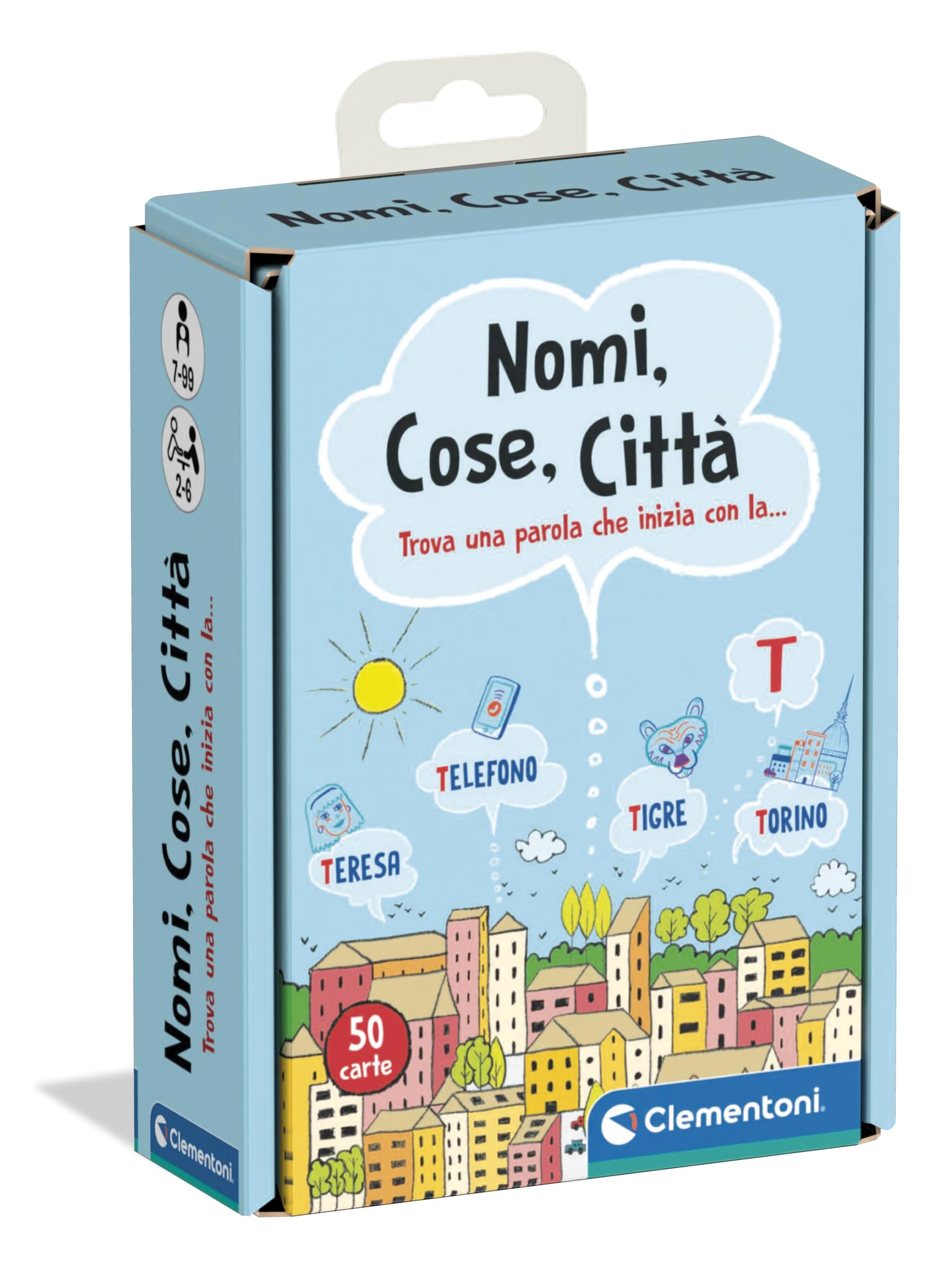 Clementoni - Nomi Cose e Città, Mazzo di 50 Carte su Parole e Categorie, per Bambini dai 6+ Anni e Tutta la Famiglia, 2-6 Giocatori, Idea Regalo Made in Italy, Lingua Italiana, 16563