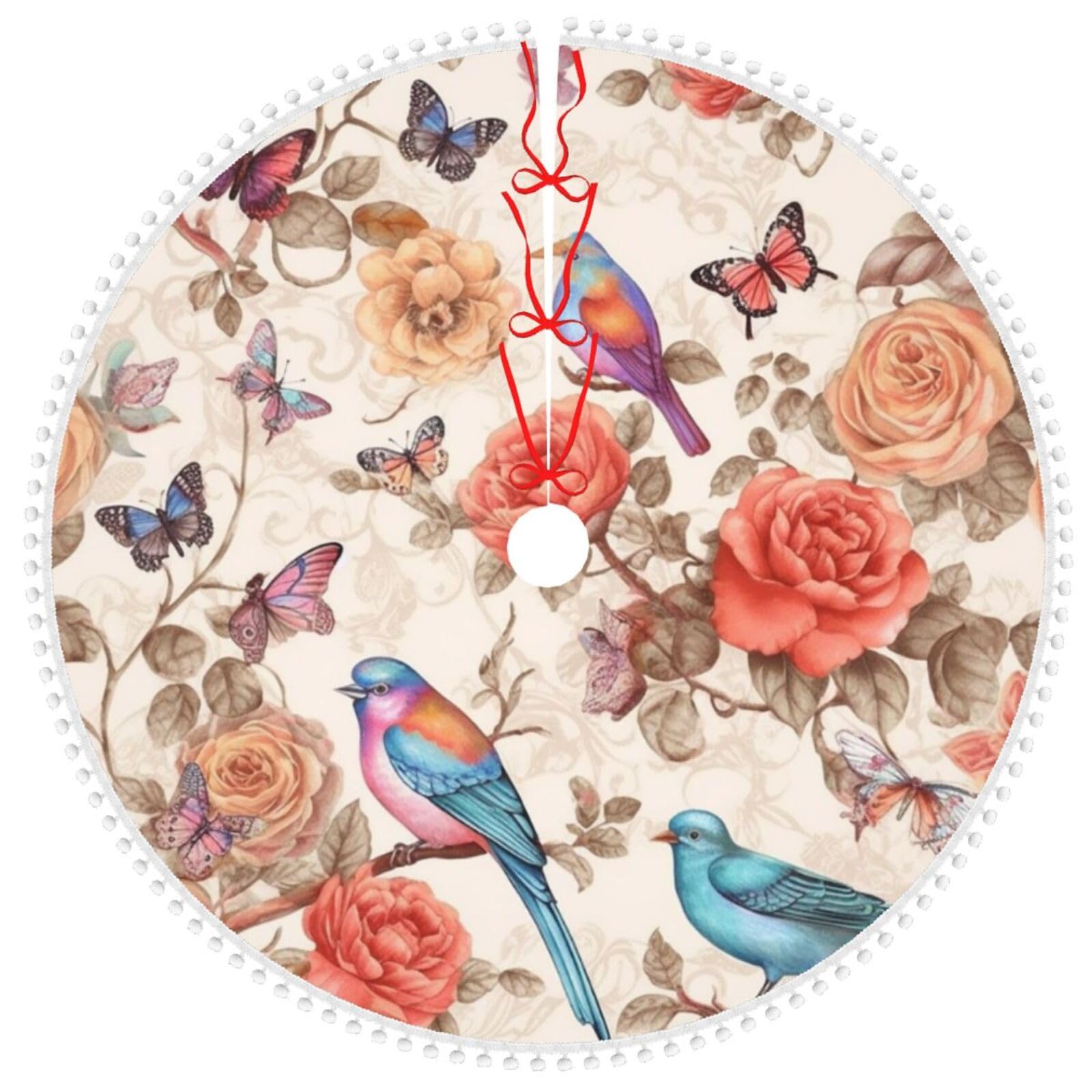 Jupe de sapin de Noël de 122 cm avec oiseaux et fleurs pour sublimer votre réveillon en famille