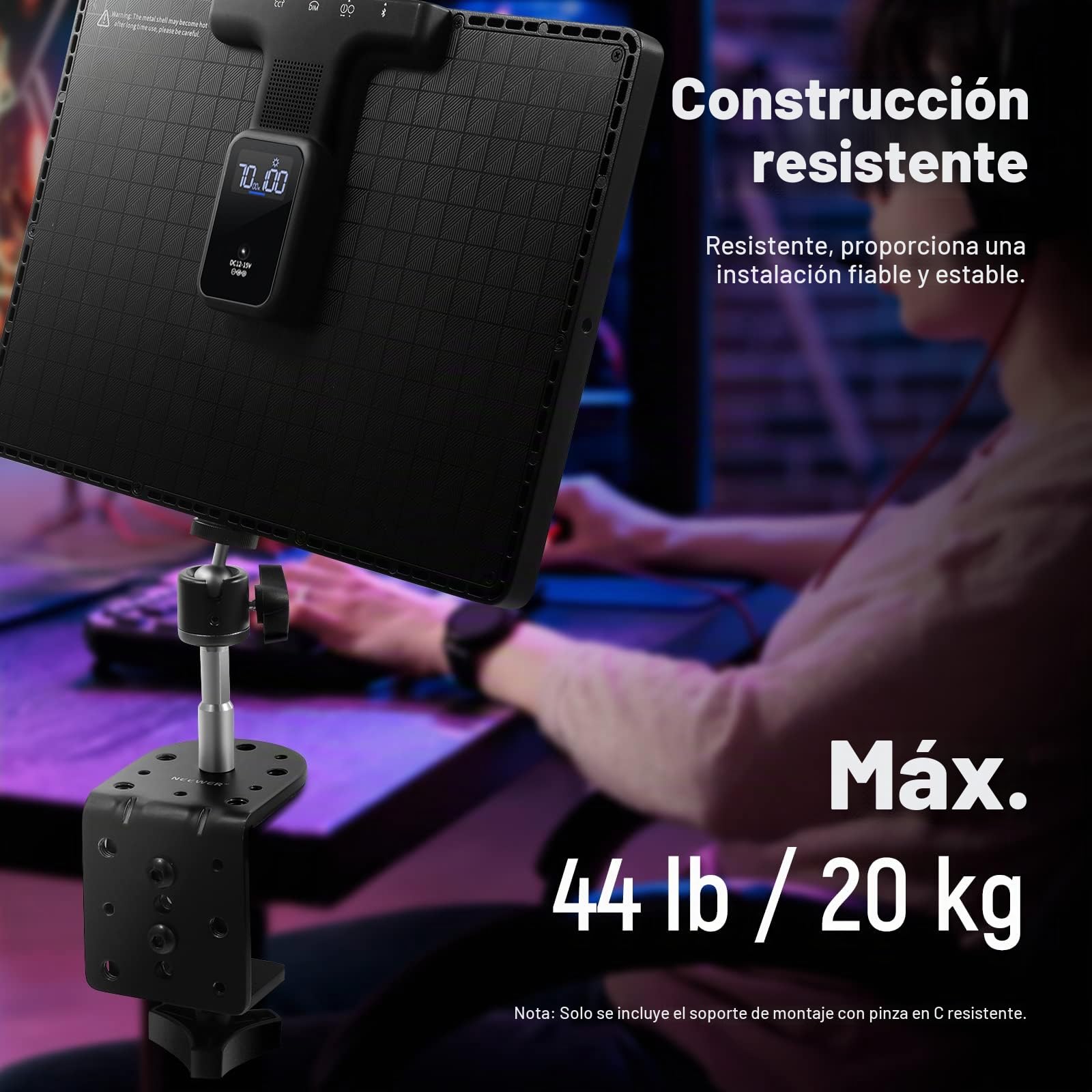NEEWER Abrazadera de Escritorio C de Servicio Pesado con Columna de Montaje para Soporte de Luz, Roscas 1/4 "3/8" para Cámara de Luz de Video LED con Luz de Anillo, Carga Máxima 44lb / 20kg, ST-CCD1