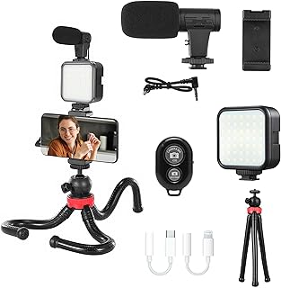 Kit de vlogging pour smartphone, pour Apple et Android, comprend un câble Lightning USB-C et iPhone, un kit de démarrage YouTube, un équipement de podcast, un trépied, un microphone Shotgun, une
