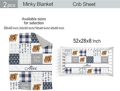 Miniatura 4 de Juego de ropa de cama personalizado para cuna de bebé, edredón de cuna con nombre personalizado, 2 piezas de ropa de cama azul de vaca alta tierra,