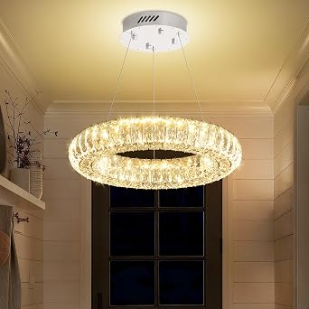 Modern Crystal Ring Chandelier Dimmable LED 15.7 Ring Pendant Light Adjustable Round Chrome Crystal Chandelier Light Fixtures for Dining Room Living Room