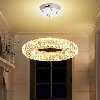 Modern Crystal Ring Chandelier Dimmable LED 15.7" Ring Pendant Light Adjustable Round Chrome Crystal Chandelier Light Fixtures for Dining Room Living Room