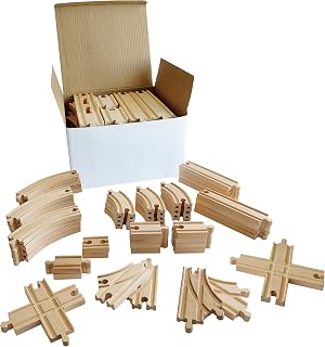 Wooden Train Set - 52-Piece Train Track Collection Compatible w/ Thomas The Train & Other Major Railroad Toy Brands, Wooden Toys for Girls & Boys