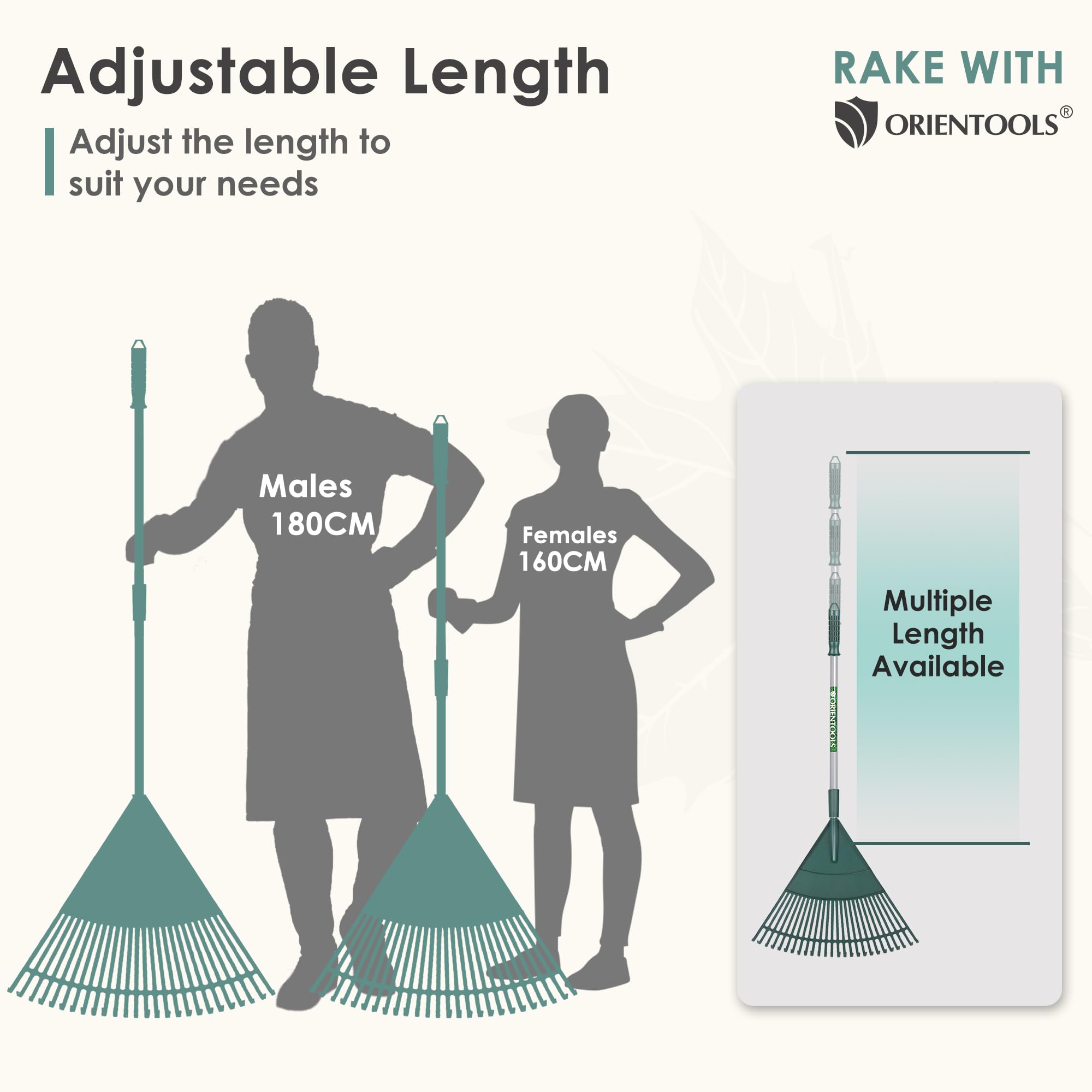 ORIENTOOLS Rateau a Feuille de Jardin, Râteau à Arbustes Réglable en Polyéthylène à Manche en Acier Léger, Tête en Plastique (Vert 26 Dents)
