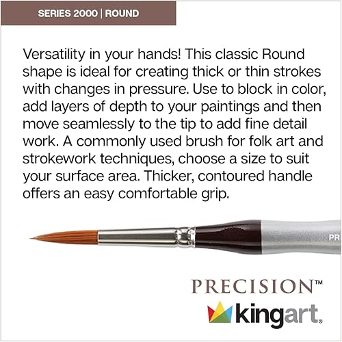 Miniatura 10 de KINGART Premium Precision 2000 Round Series Brush Tamaño 8 Sintético Ámbar Taklon, mango ergonómico corto cómodo, acrílico, pintura al óleo y